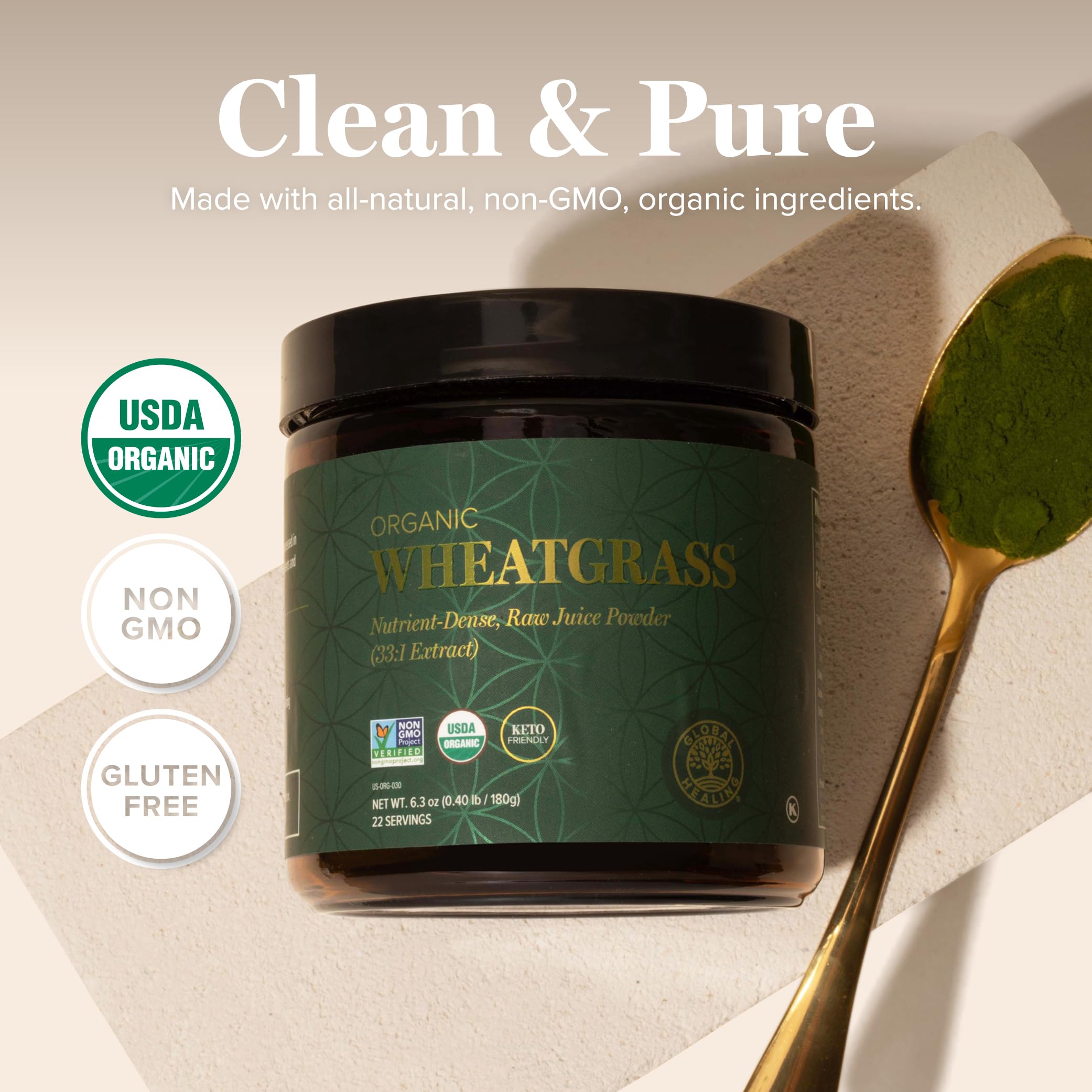 Global Healing Center Organic Wheatgrass Powder 179g scoop in powder
