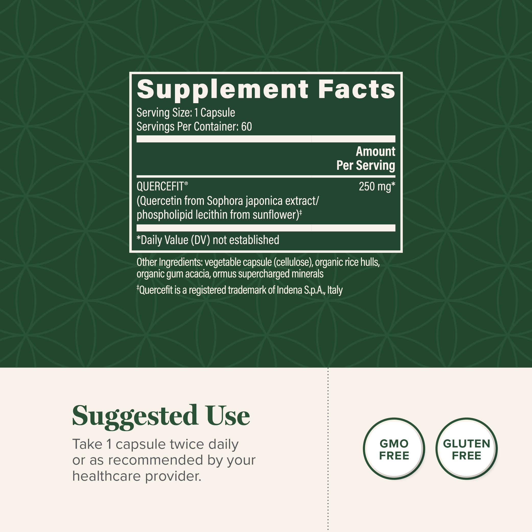 Global Healing Center Quercetin 250mg capsules on a wooden table