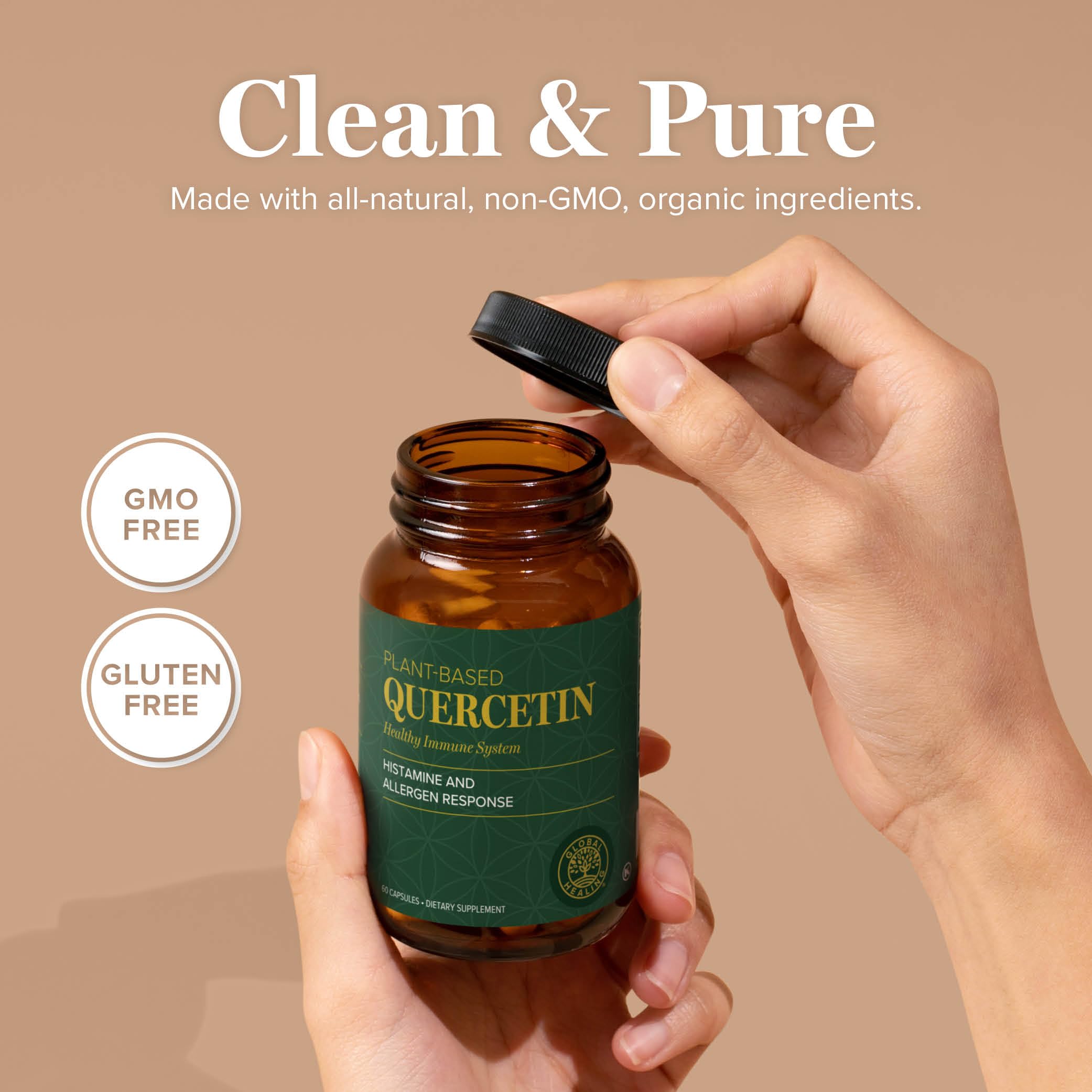 Global Healing Center Quercetin 250mg capsules with a measuring spoon