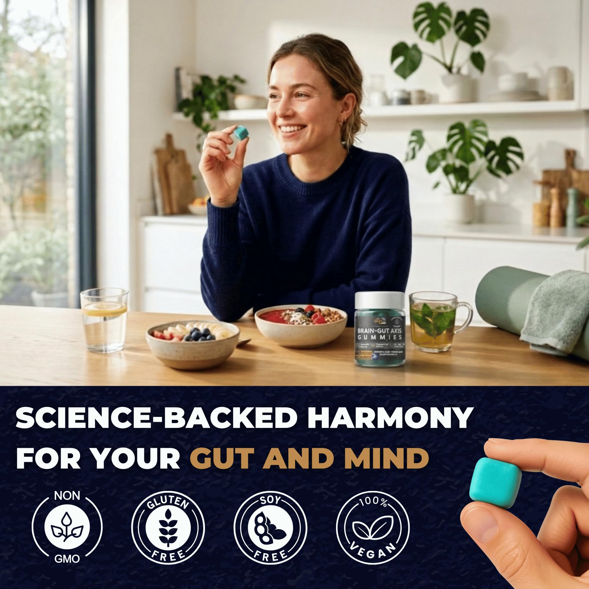 Global-List LLC Herbal Supplement Gummies on a wooden table with fresh blueberries
