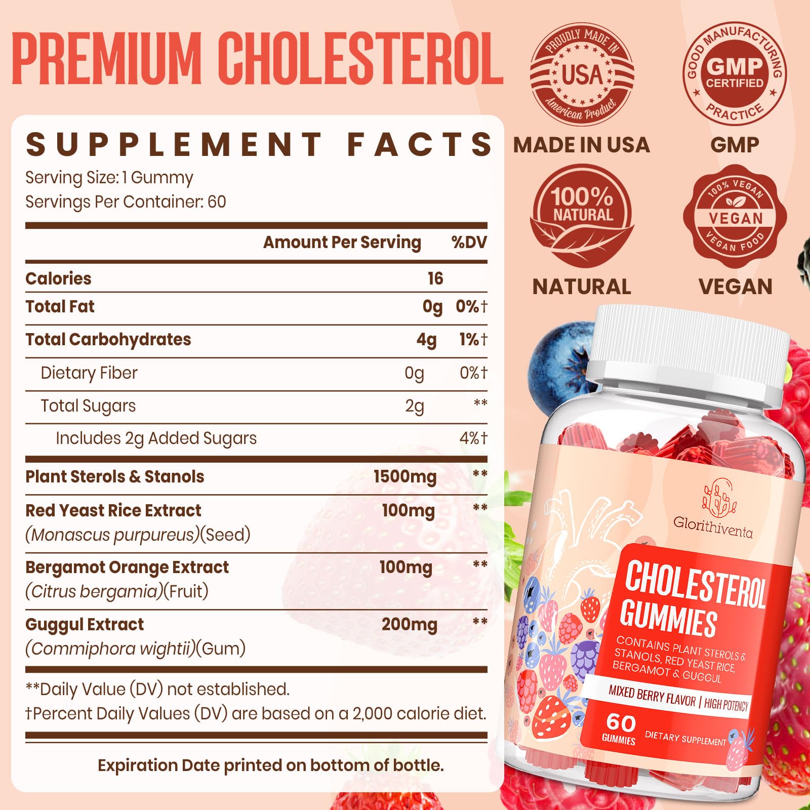 Glorithiventa Cholesterol Complex Gummies showing serving size