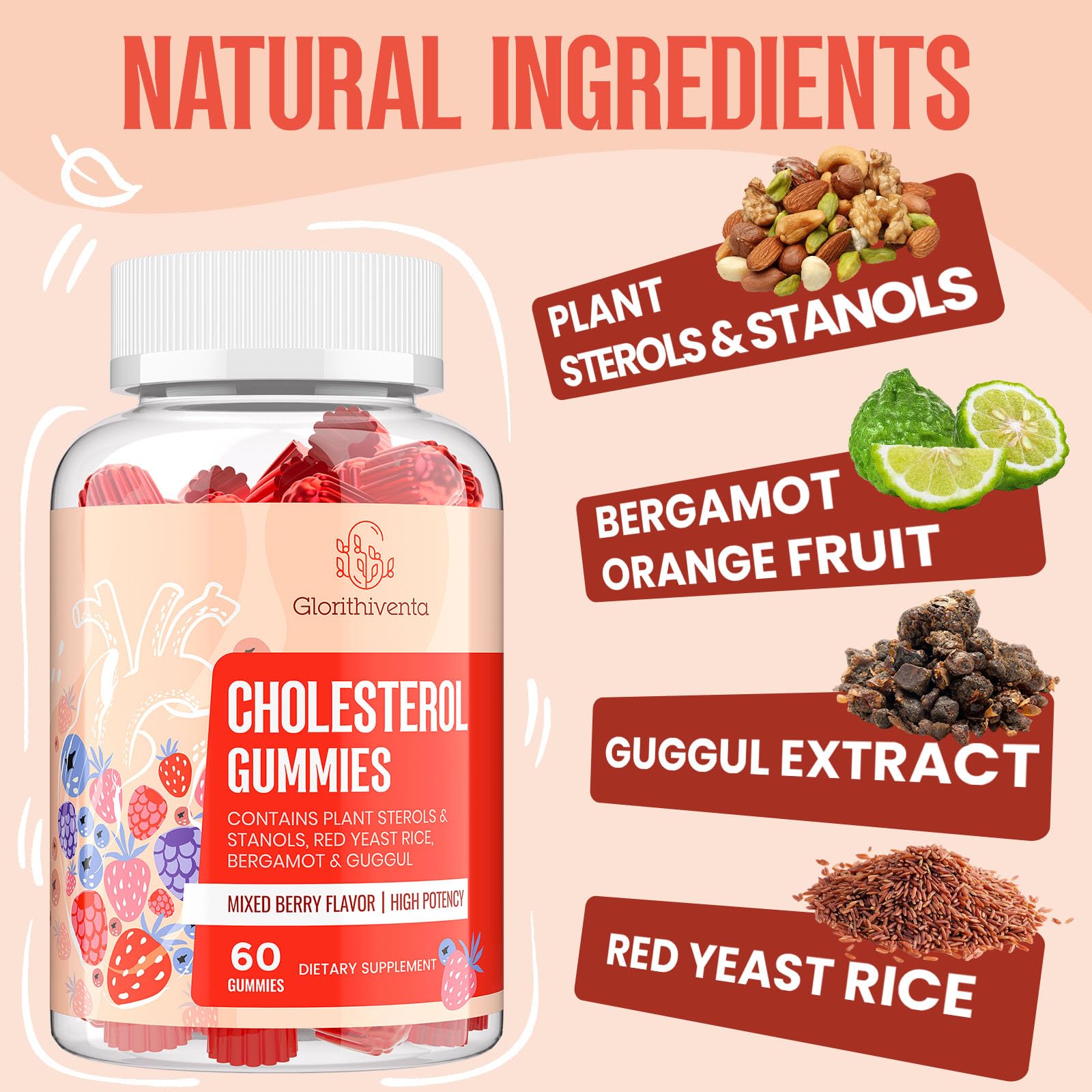 Glorithiventa Cholesterol Complex Gummies side view in a bowl