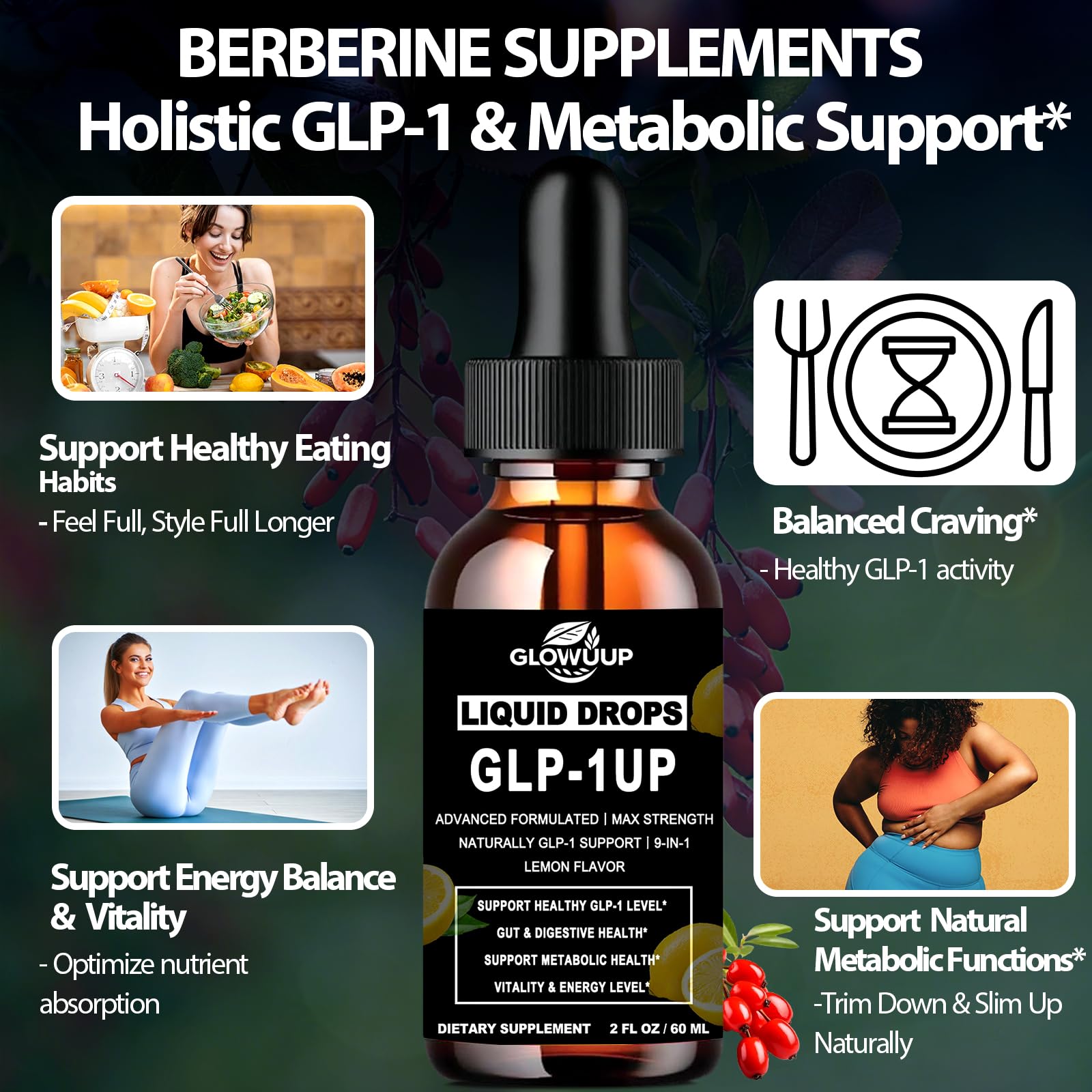 GLOVVUUP Berberine HCl 500mg liquid supplement with lemon flavour
