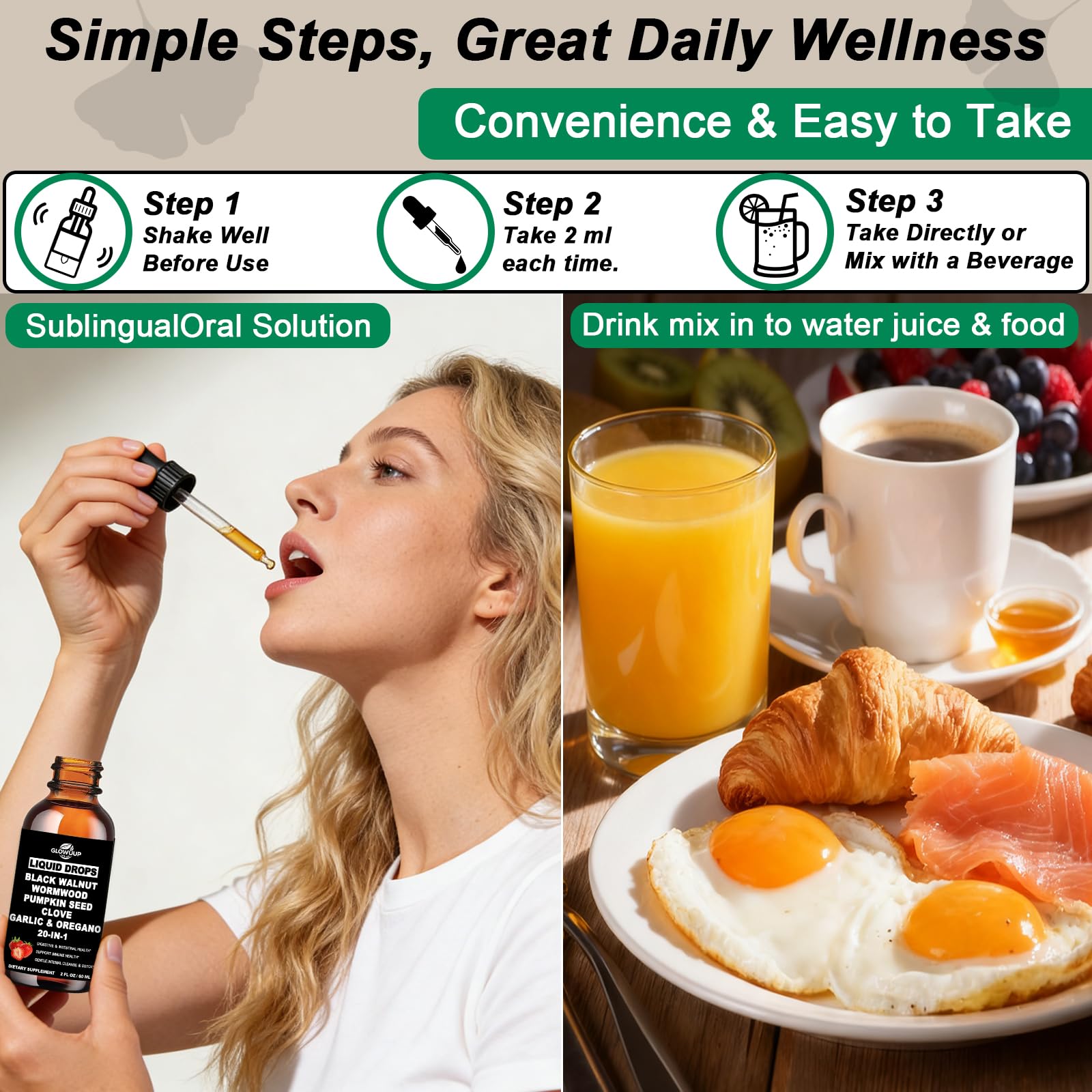 GLOVVUUP Herbal Supplement 20-in-1 Blend 60ml Liquid Drops lifestyle shot