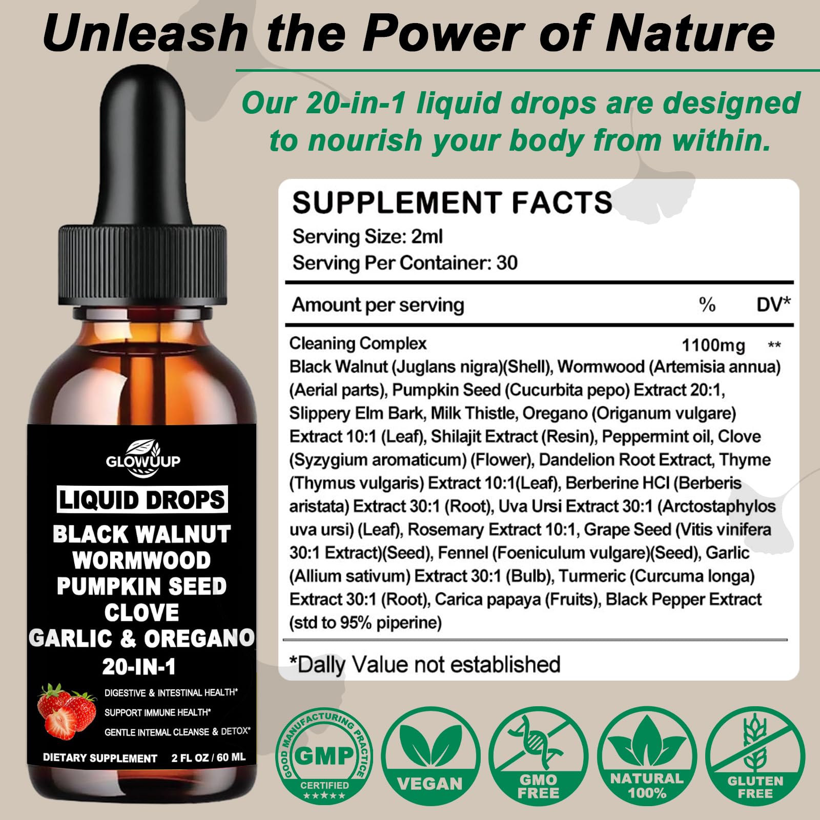 GLOVVUUP Herbal Supplement 20-in-1 Blend 60ml Liquid Drops packaging details