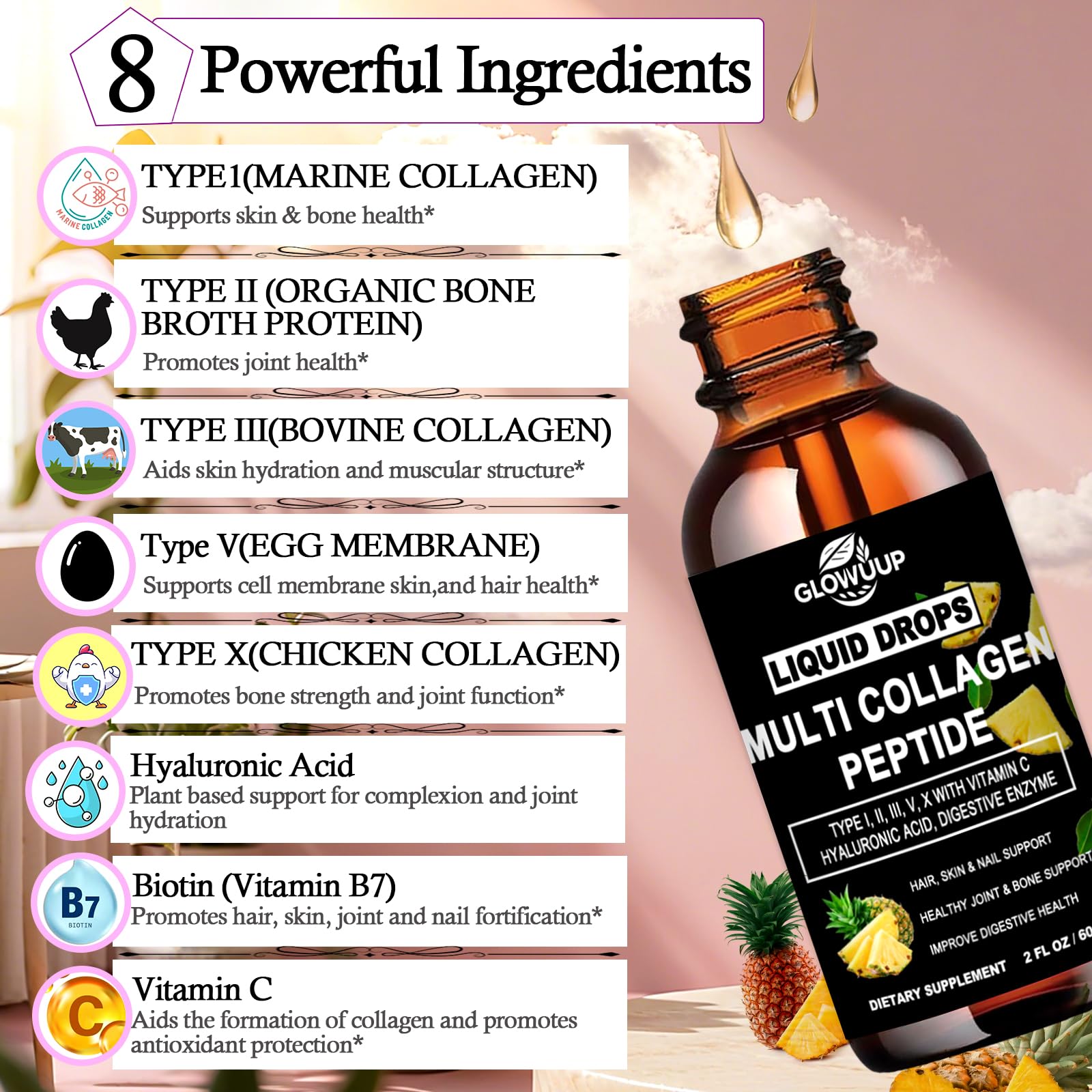 GLOVVUUP Multi Collagen Peptides Liquid Drops 60ml bottle with cap