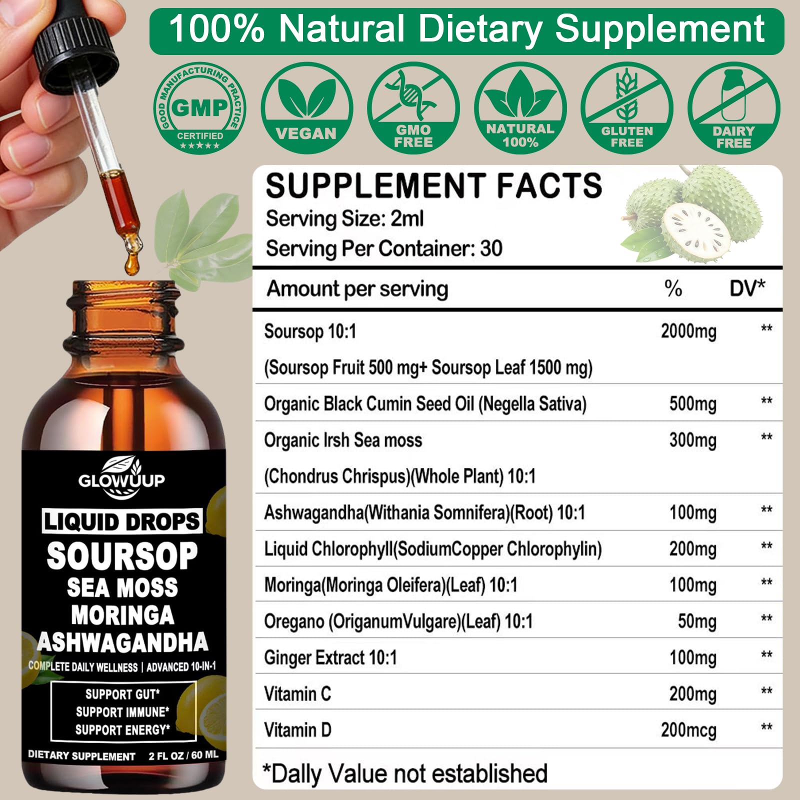 GLOVVUUP Soursop Graviola Liquid Drops 60ml bottle with dropper