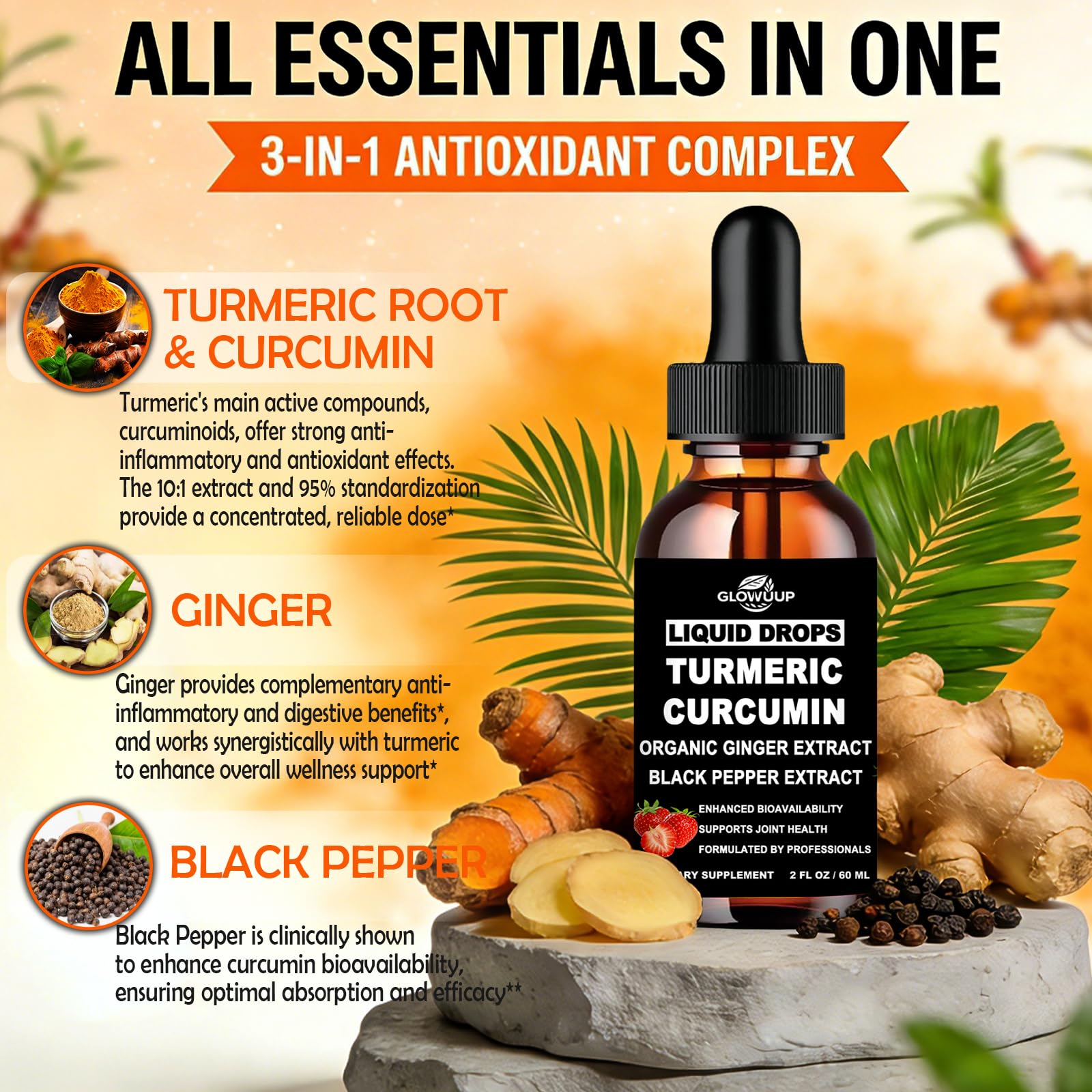 GLOVVUUP Turmeric Curcumin Complex Liquid Supplement 60ml bottle with label