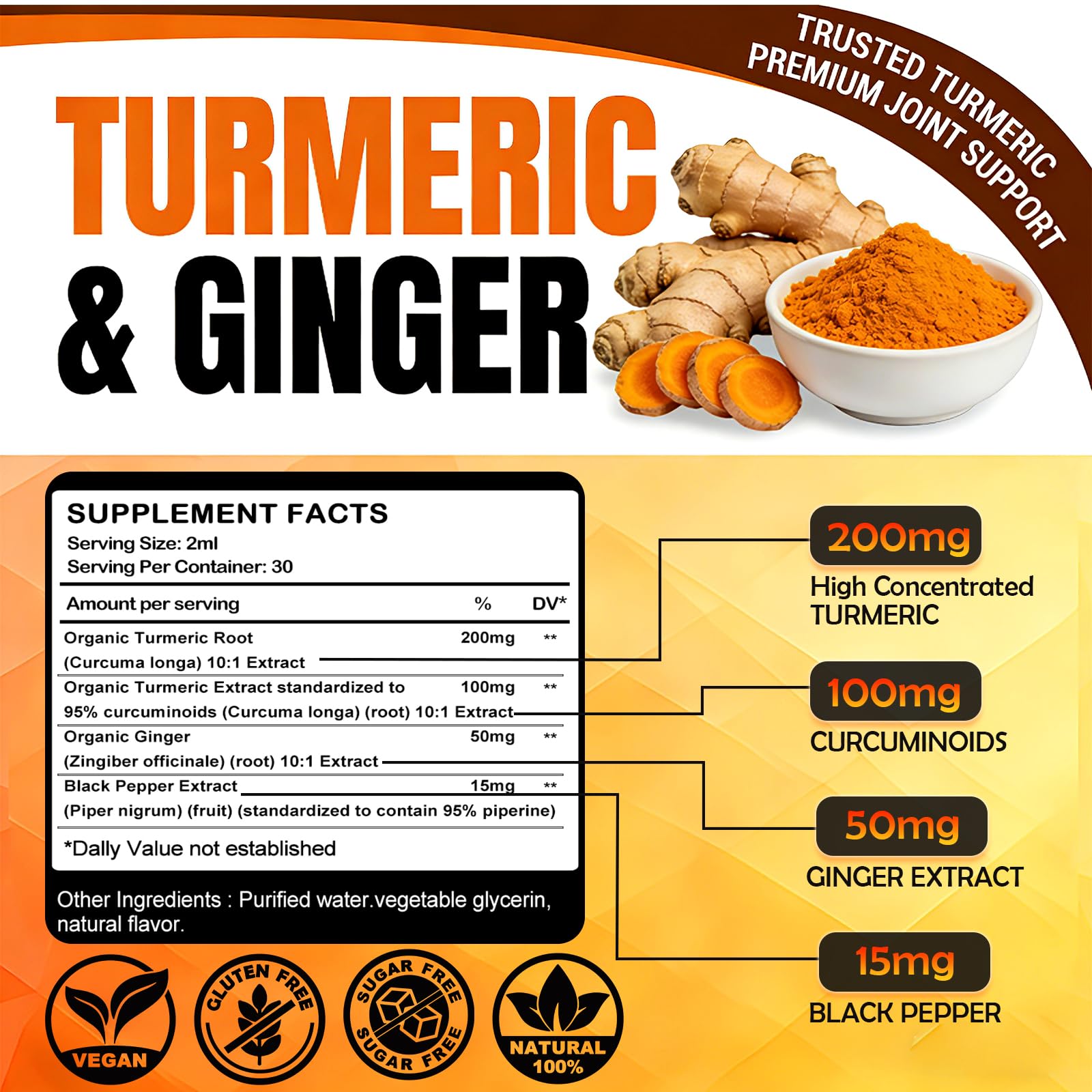 GLOVVUUP Turmeric Curcumin Complex Liquid Supplement 60ml ingredients list