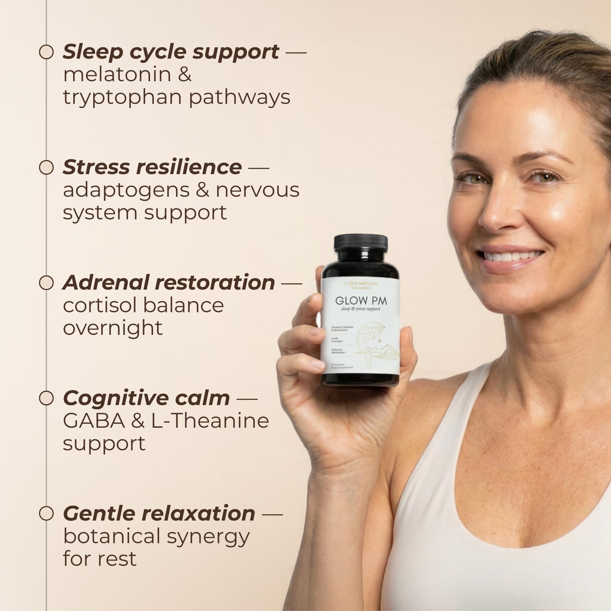 Glow Natural Wellness Glow PM Sleep Supplement capsules in hand