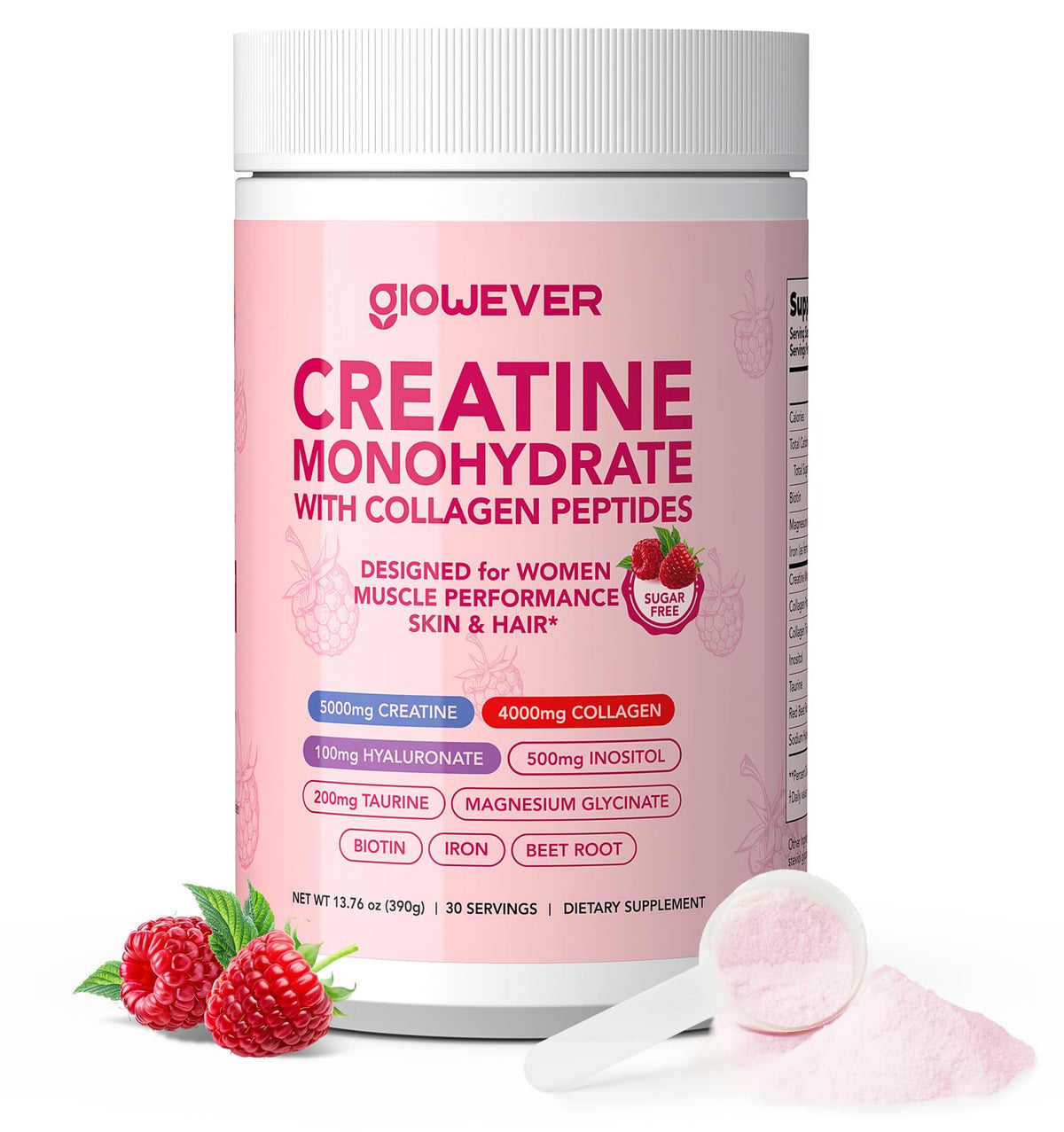 GlowEver Creatine for Women 5000mg front view with raspberry flavour