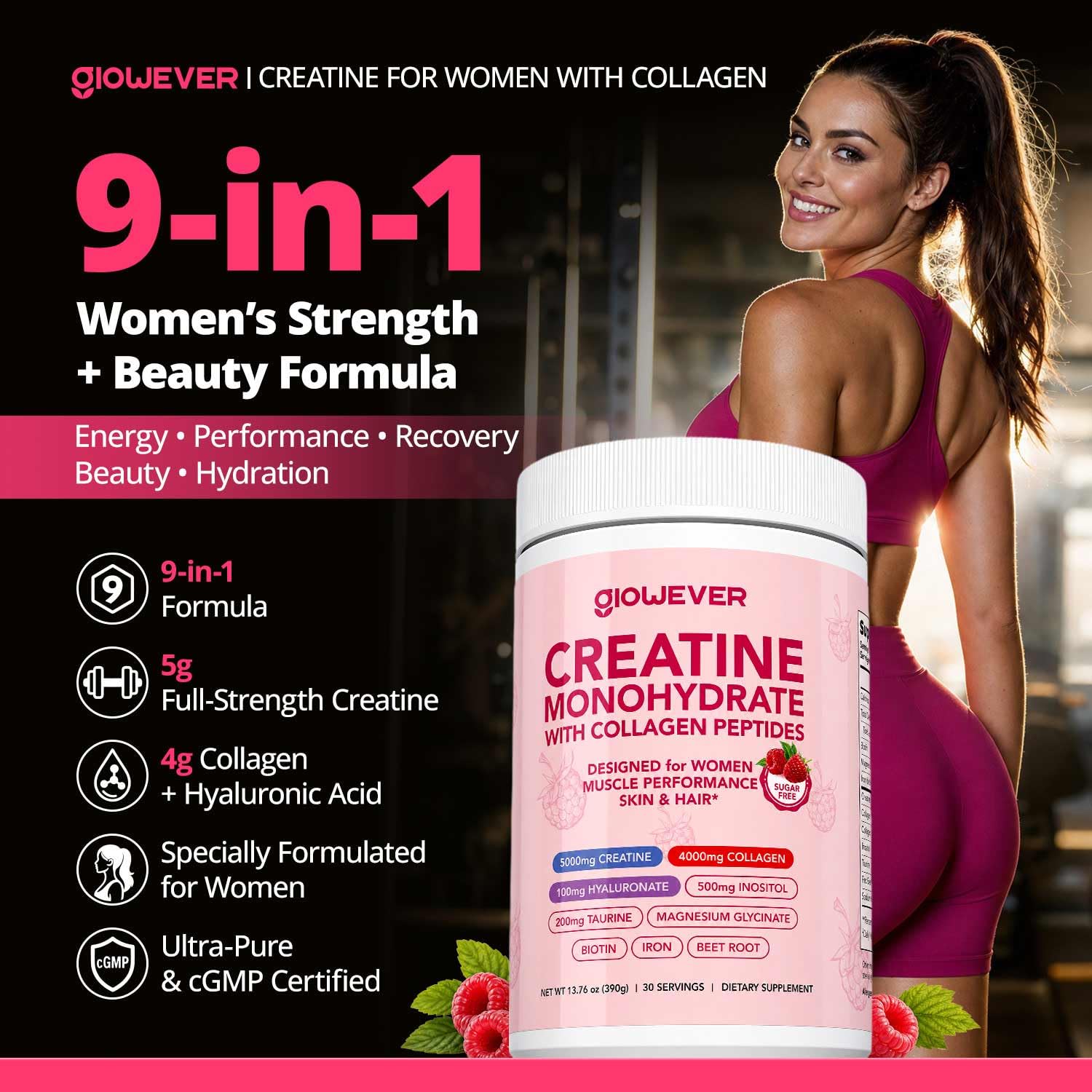 GlowEver Creatine for Women 5000mg side view showing packaging details