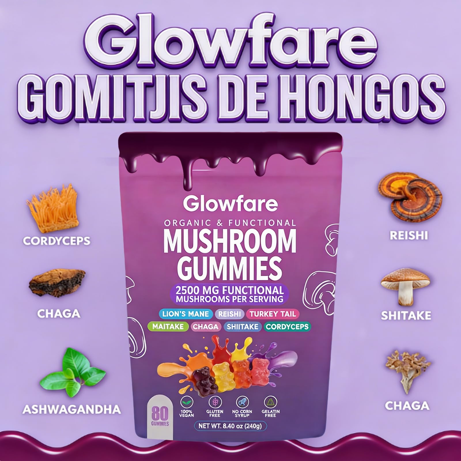 Glowfare Mushroom & Herb Blend Gummies in a hand
