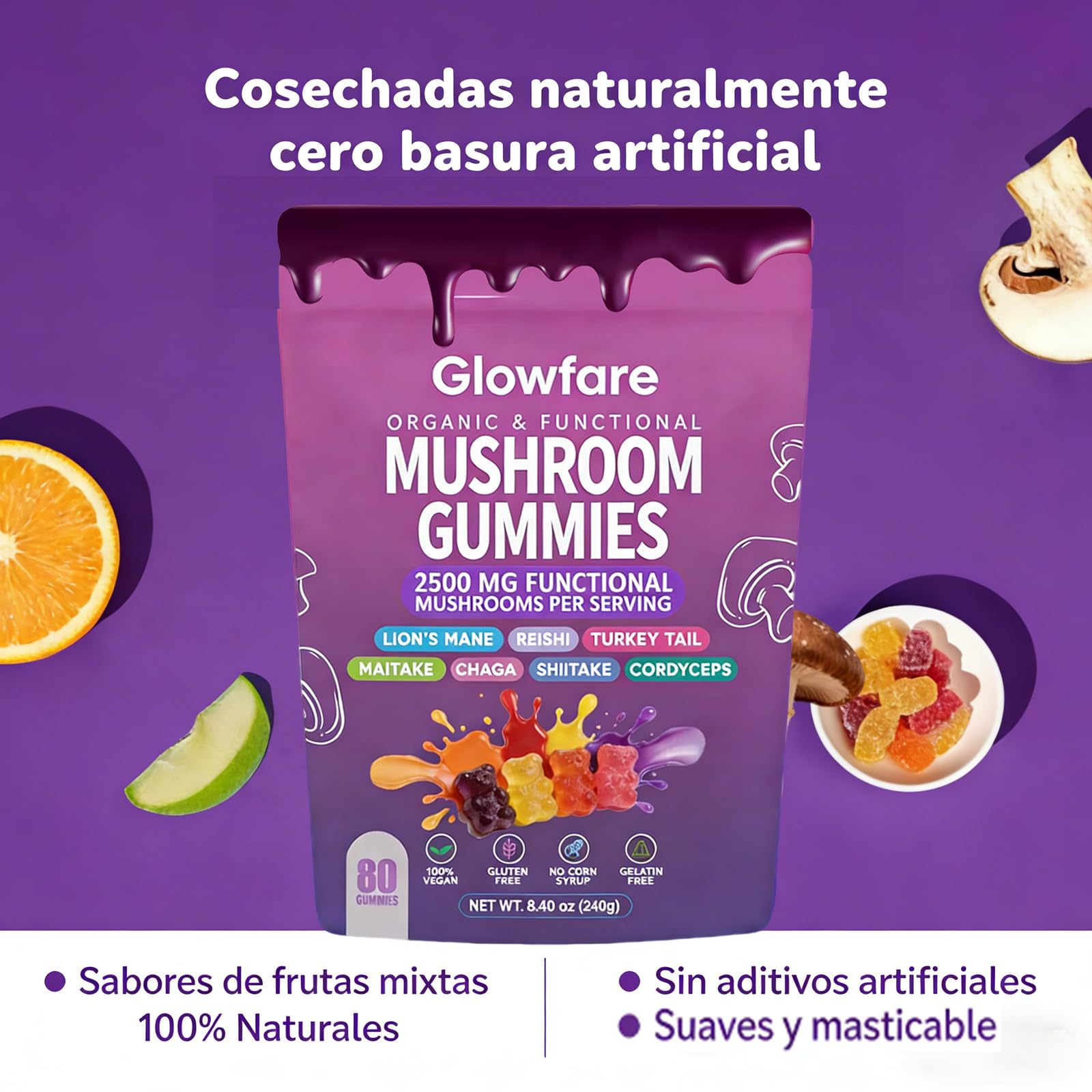 Glowfare Mushroom & Herb Blend Gummies mixed berry flavour close-up