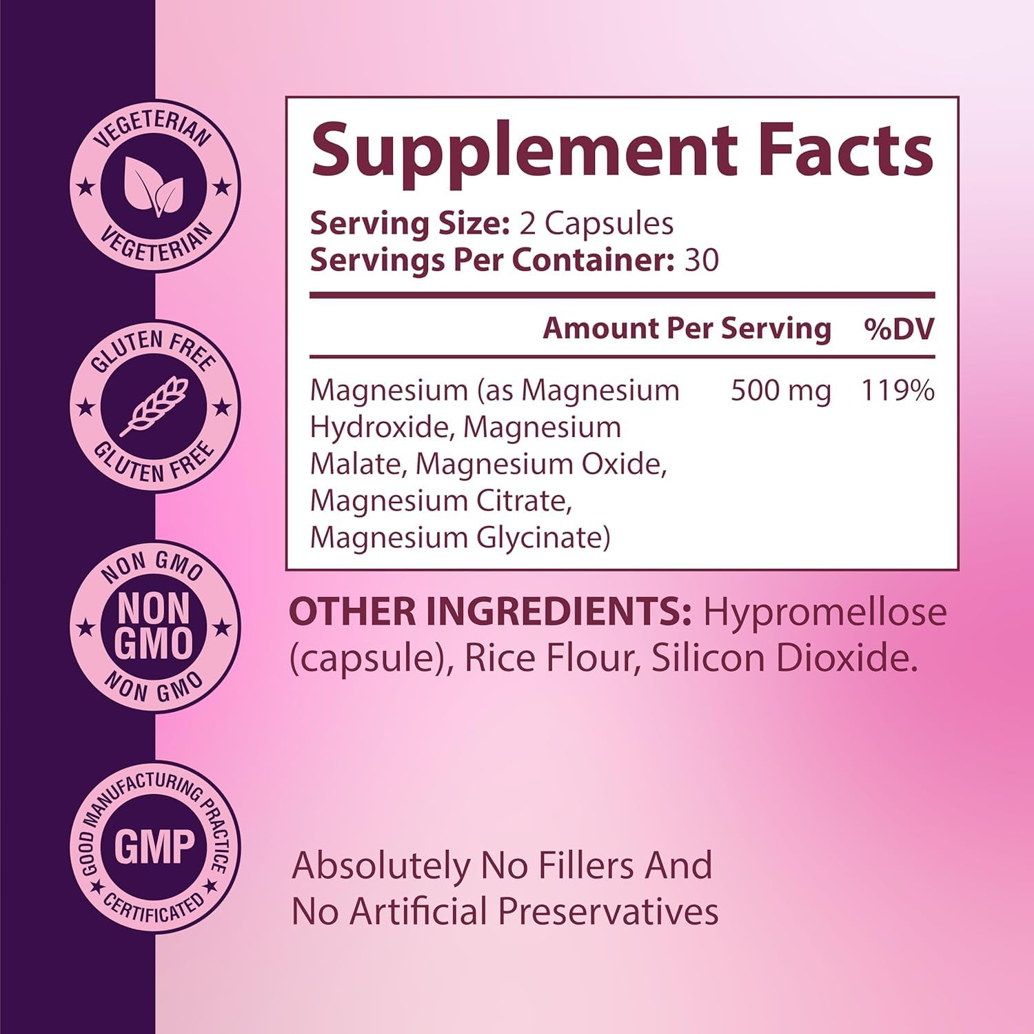 GlowTrue Magnesium Spectrum 5 Complex 500mg capsules close-up of ingredients