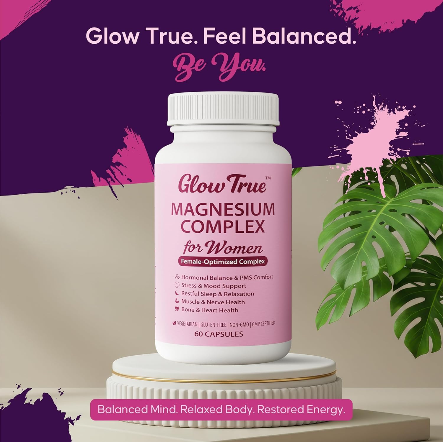 GlowTrue Magnesium Spectrum 5 Complex 500mg capsules with a glass of water