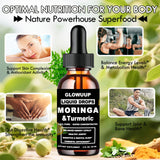 GLOWUUP Organic Moringa Liquid Drops with turmeric and black pepper ingredients