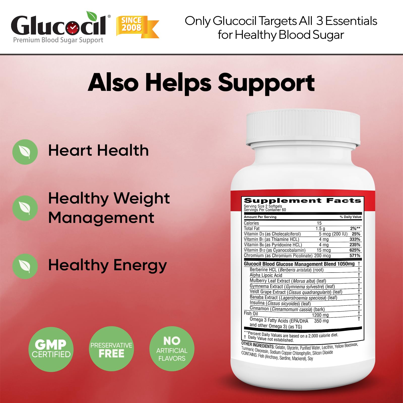 Glucocil Blood Sugar Support Softgels back view with ingredient list