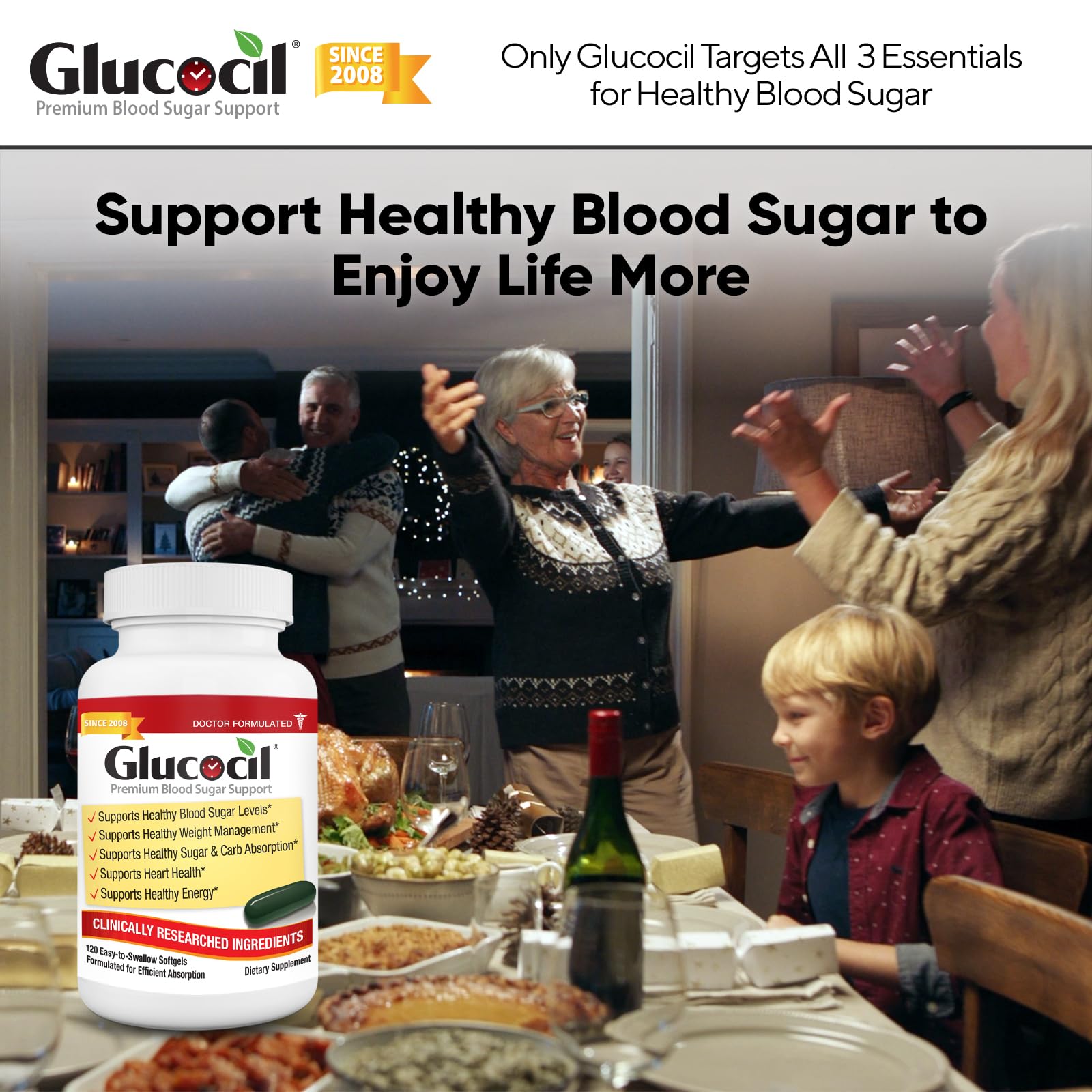 Glucocil Blood Sugar Support Softgels displayed with other supplements