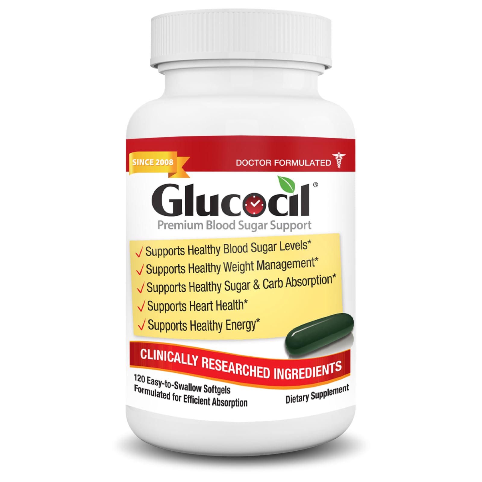 Glucocil Blood Sugar Support Softgels front view with packaging