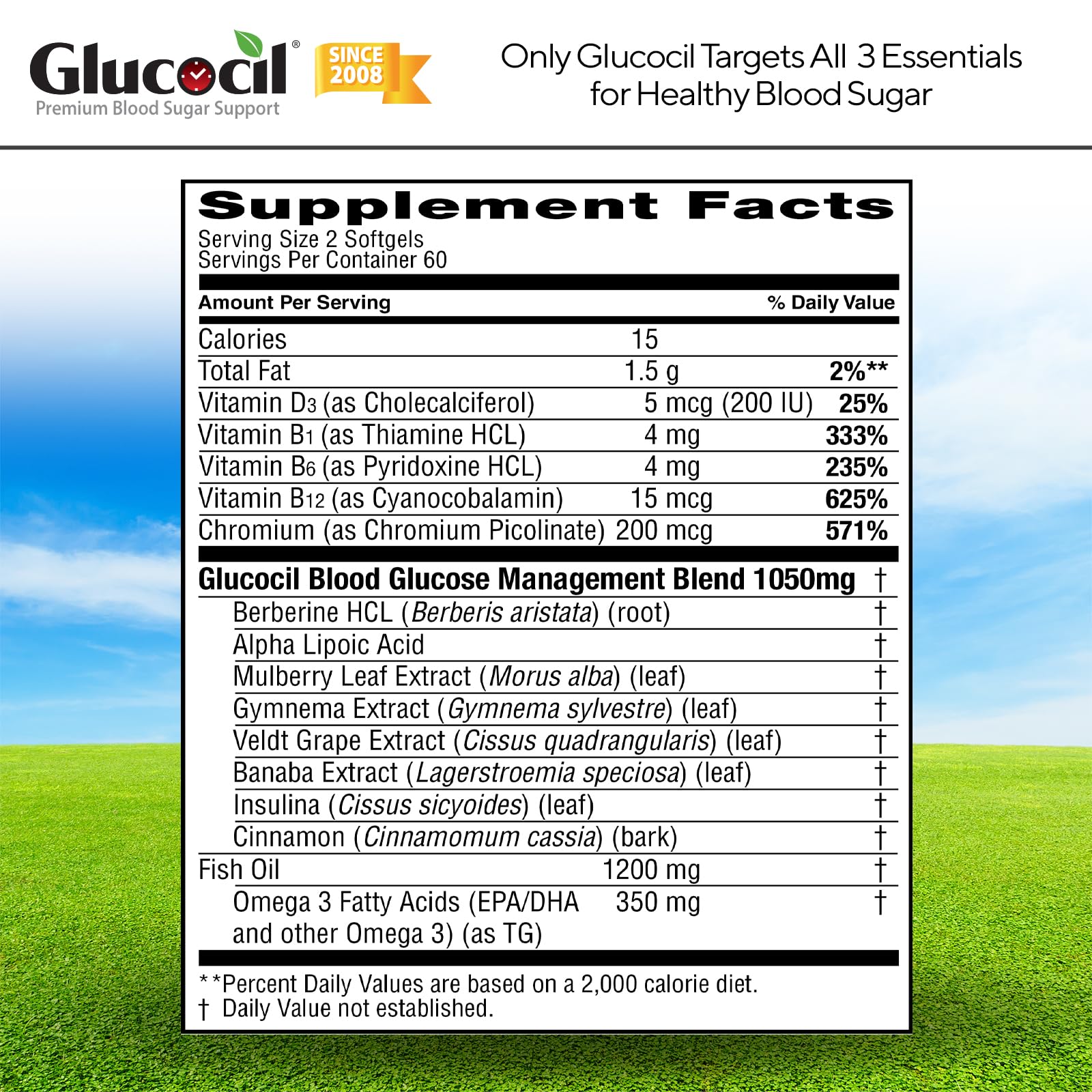 Glucocil Blood Sugar Support Softgels showing serving size and directions