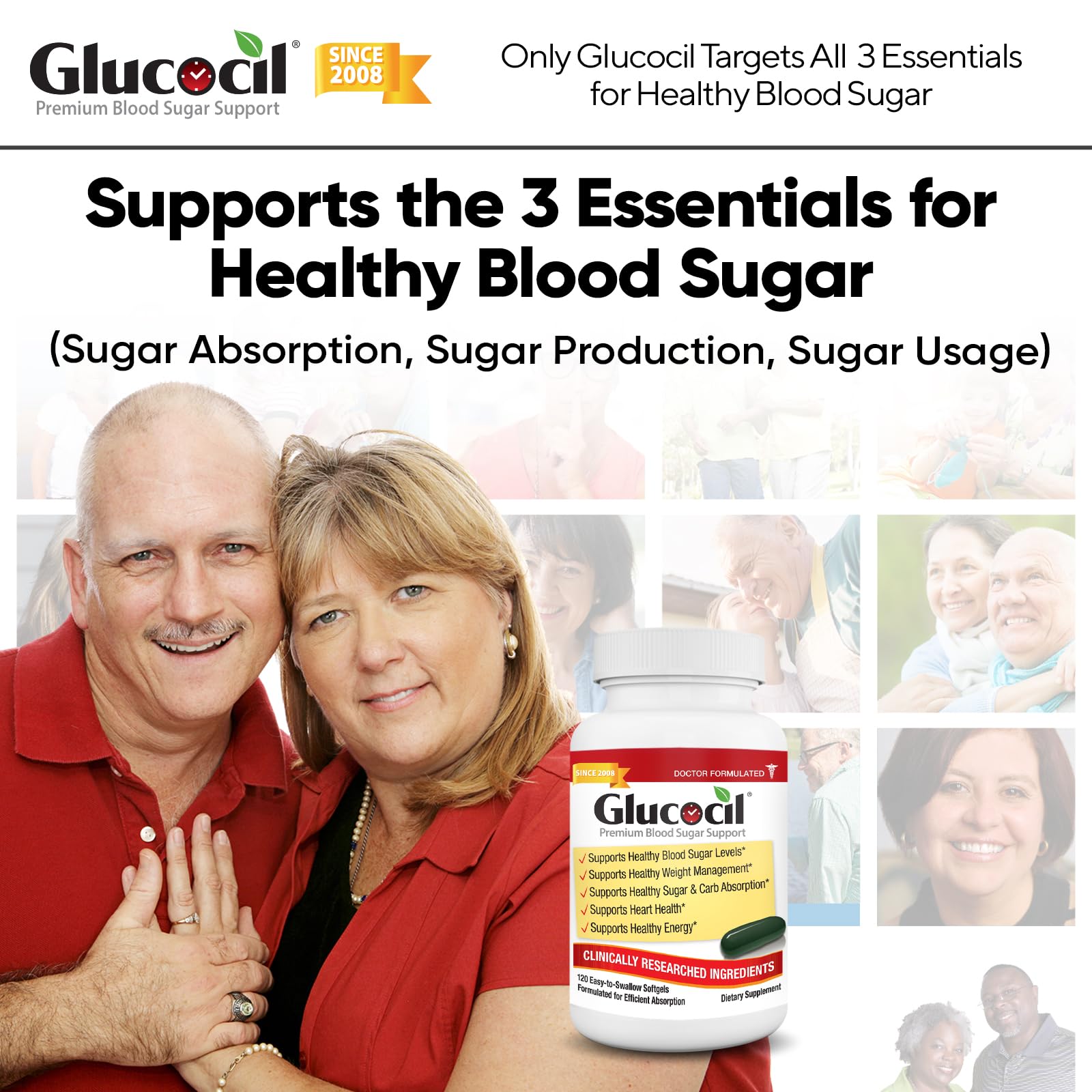 Glucocil Blood Sugar Support Softgels side view showing dosage information