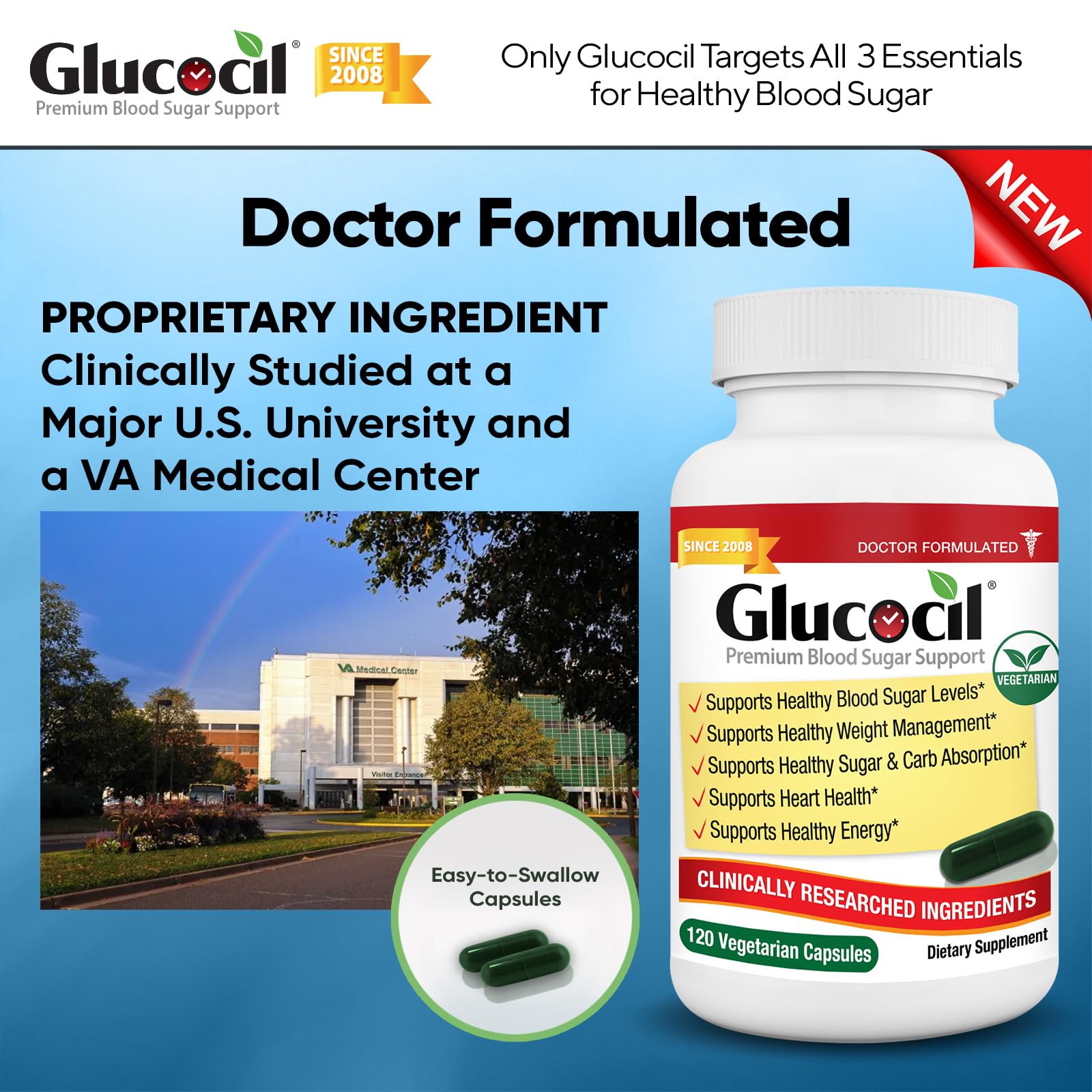 Glucocil Blood Sugar Support Supplement opened bottle with capsules