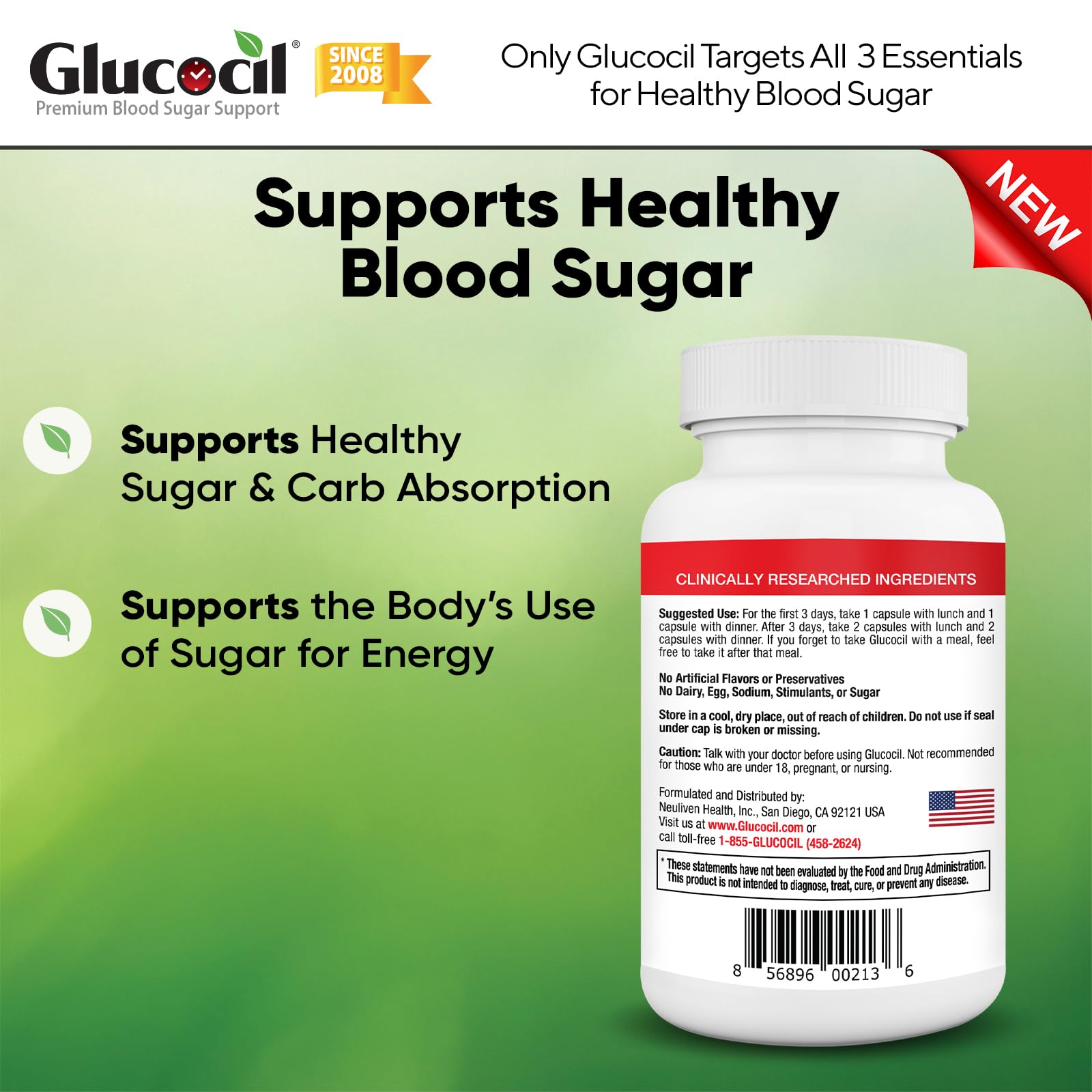 Glucocil Blood Sugar Support Supplement side view showing capsule