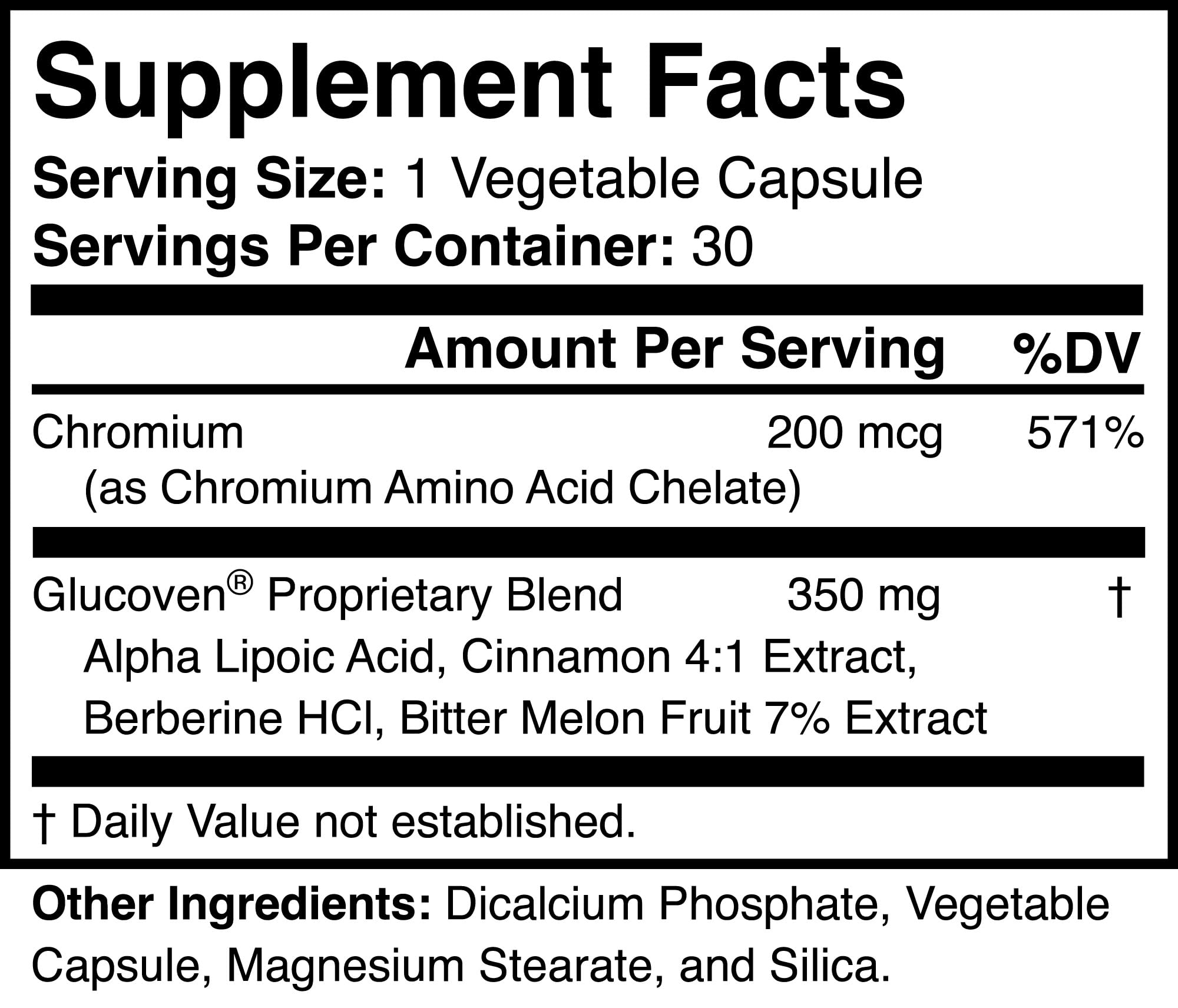 Glucoven Alpha Lipoic Acid Supplement back view with nutritional information