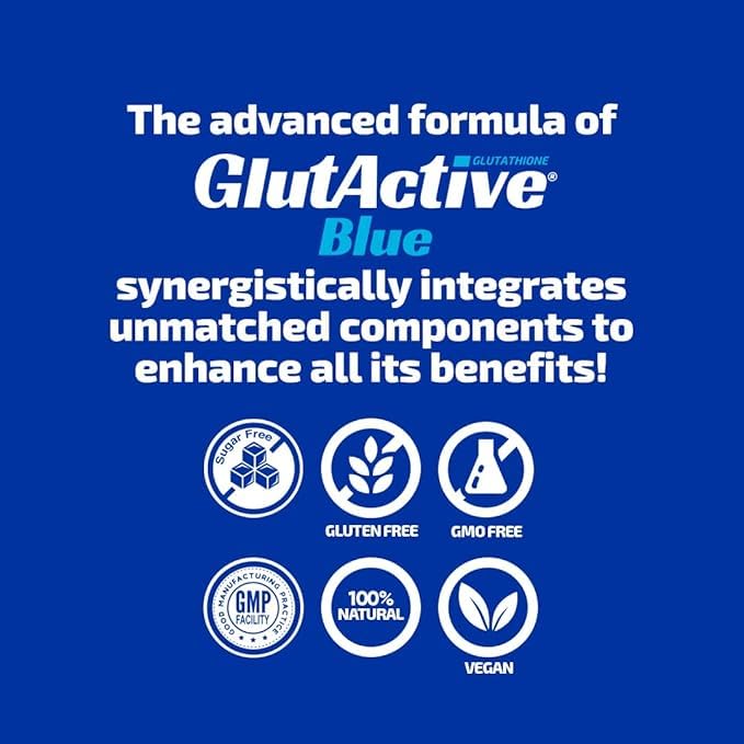 GlutActive Blue chewable supplement cherry flavour tablet close-up