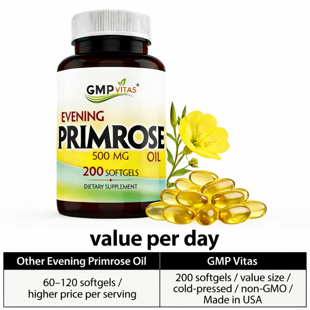 GMP Vitas Evening Primrose Oil 500mg softgels on a wooden table