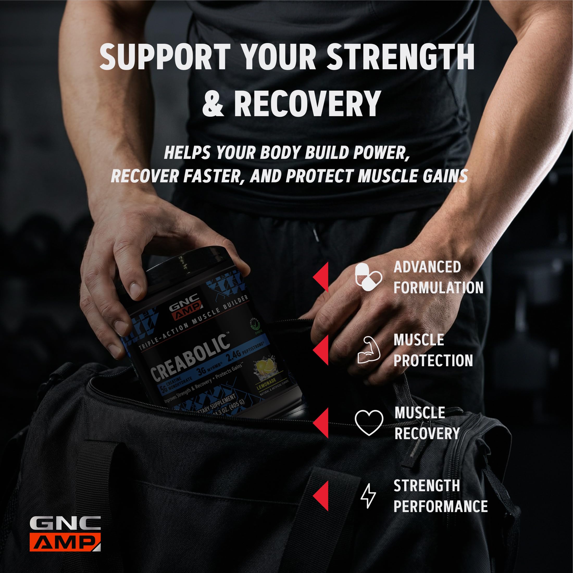 GNC AMP Creabolic Creatine Powder 481g side view showing packaging