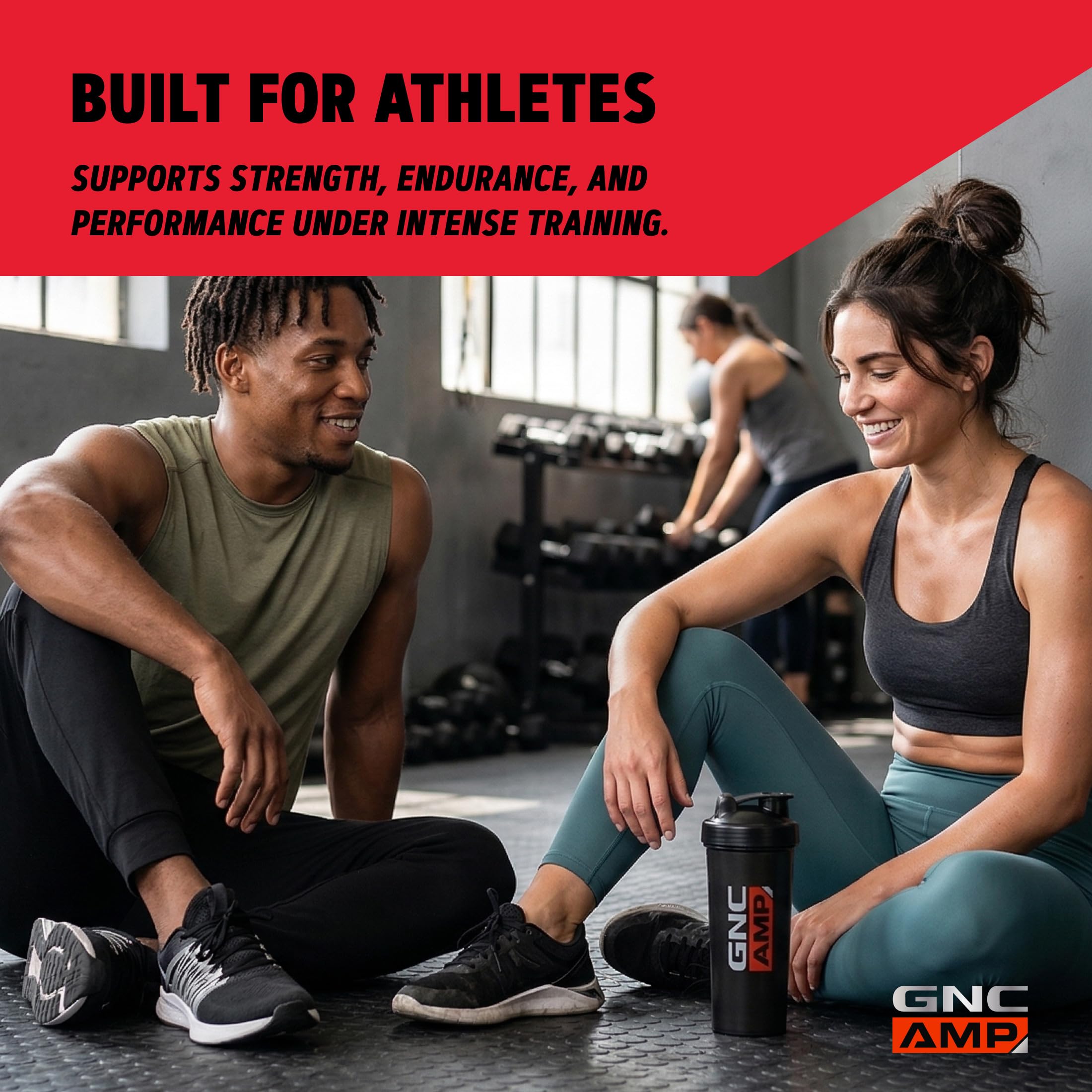 GNC AMP Creabolic Creatine Powder 481g with a shaker bottle