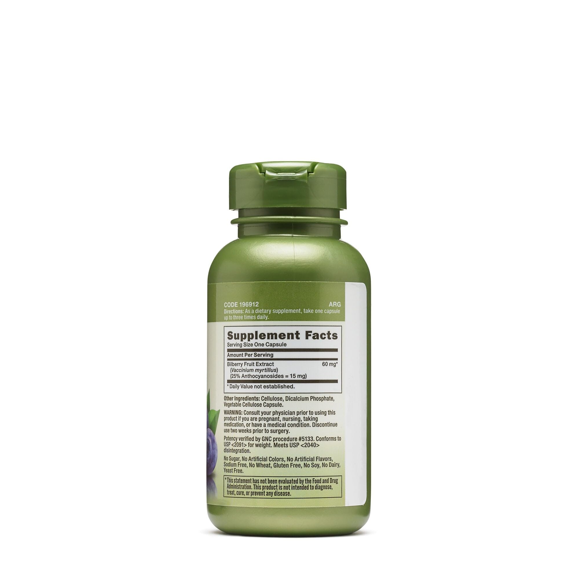 GNC Bilberry Fruit Extract 60mg capsule bottle side view