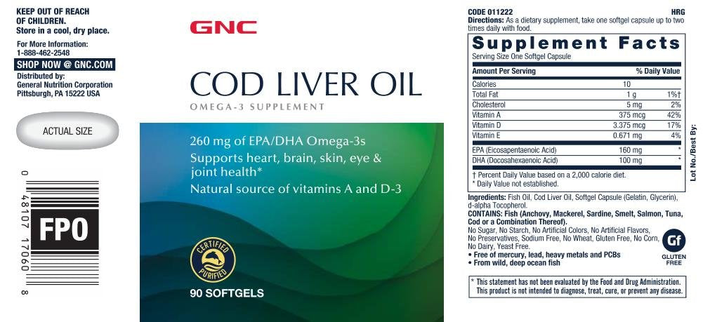 GNC Cod Liver Oil capsules in a clear container