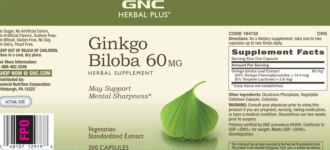 GNC Ginkgo Biloba 60mg 300 Capsules packaging