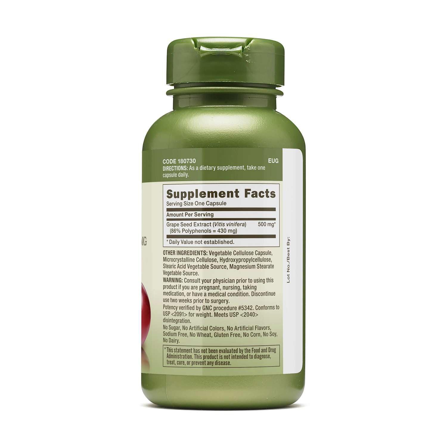 GNC Grape Seed Extract 500mg supplement side view
