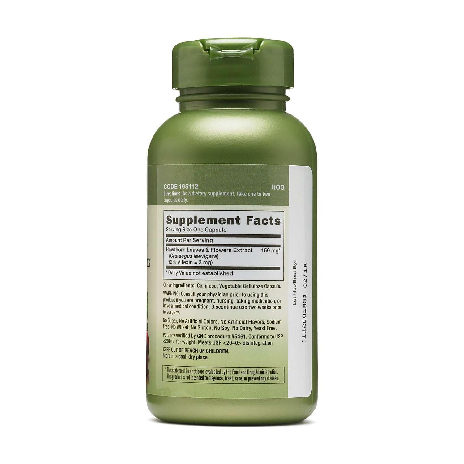 GNC Herbal Plus Hawthorn Extract 150mg supplement side view