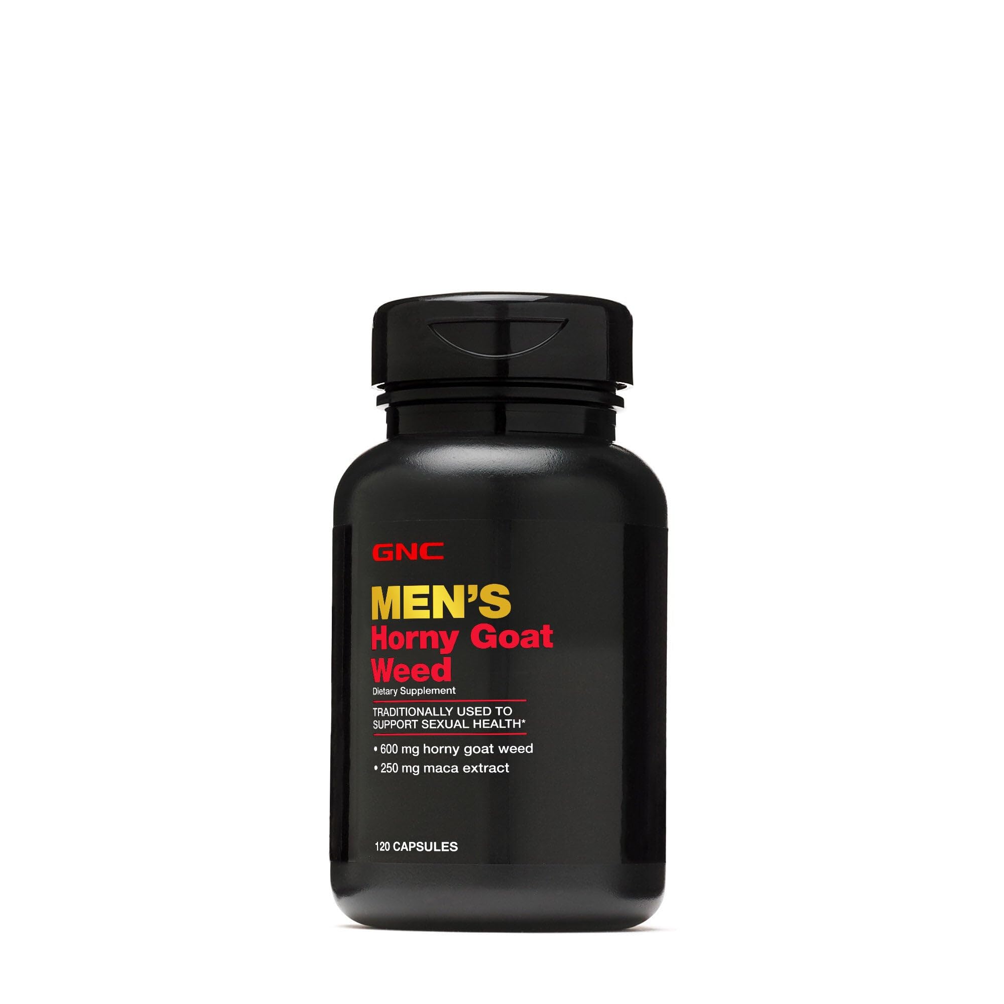 GNC Horny Goat Weed 600mg supplement front view with 120 capsules