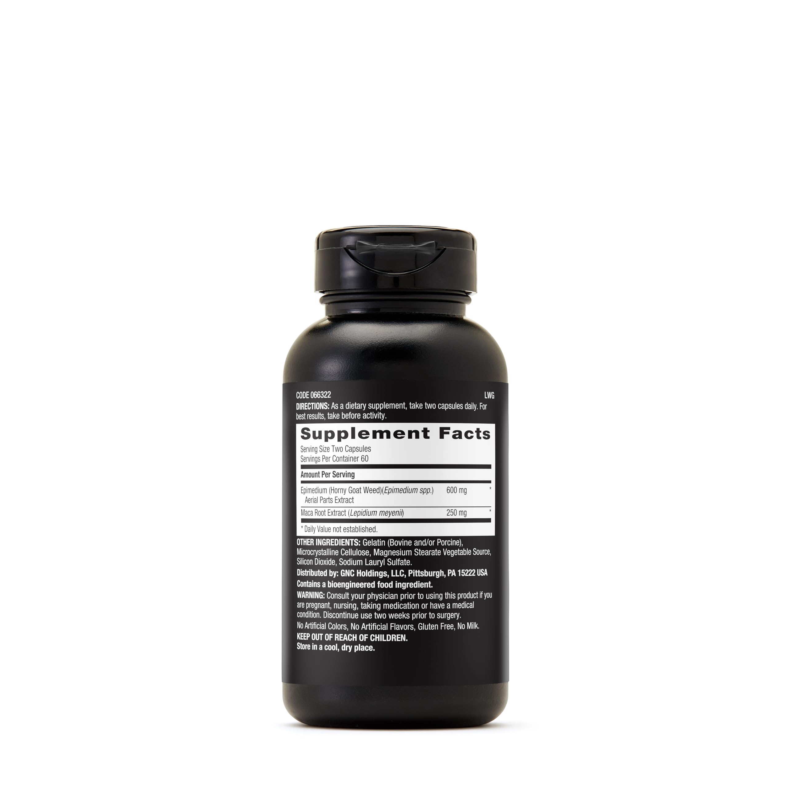 GNC Horny Goat Weed 600mg supplement side view showing capsule details