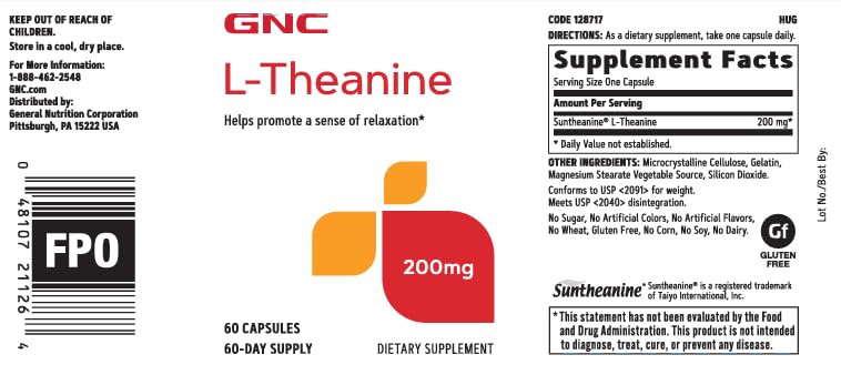 GNC L-Theanine 200mg softgel capsule packaging