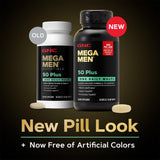 GNC Mega Men 50 Plus One Daily Multi bottle with a measuring spoon