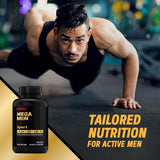GNC Mega Men Sport Multivitamin caplets with workout gear