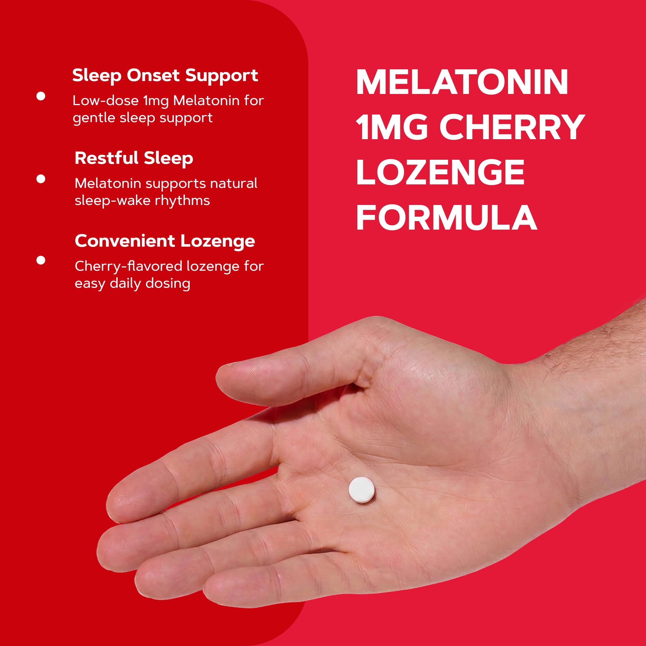 GNC Melatonin 1mg Cherry Lozenges in hand for size reference