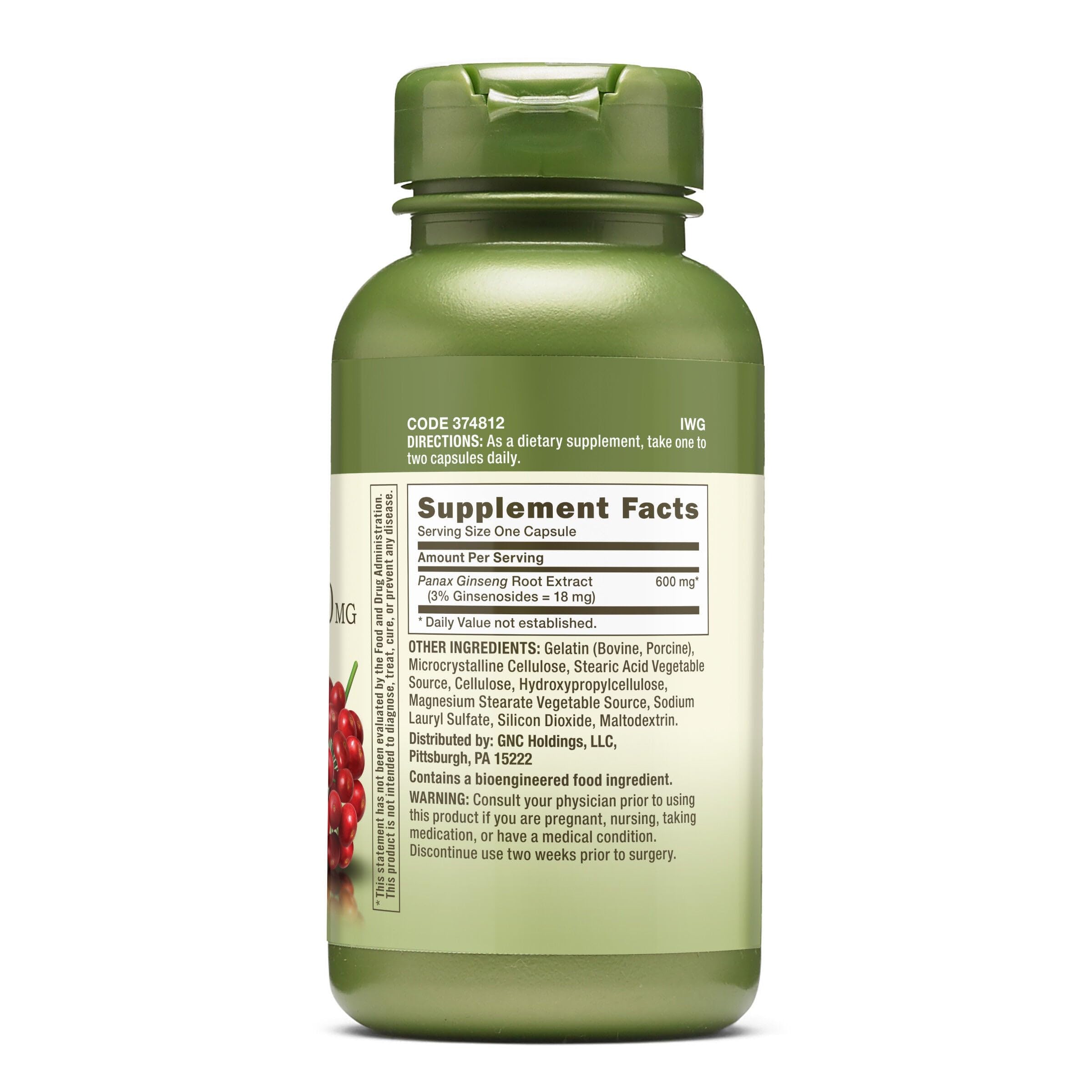 GNC Panax Ginseng Root Extract 600mg side view with packaging
