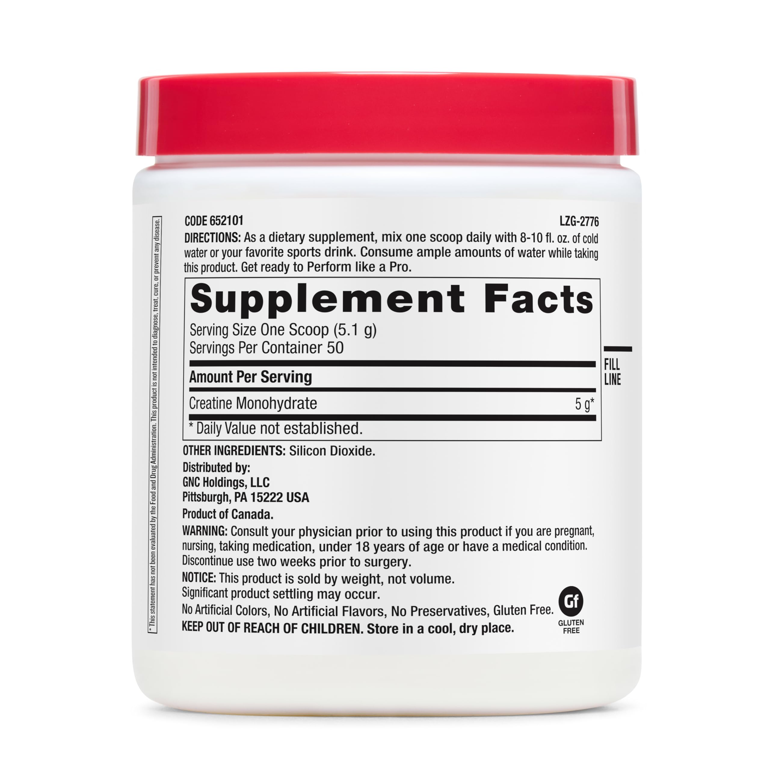 GNC Pro Performance Creatine Monohydrate Powder side view with scoop