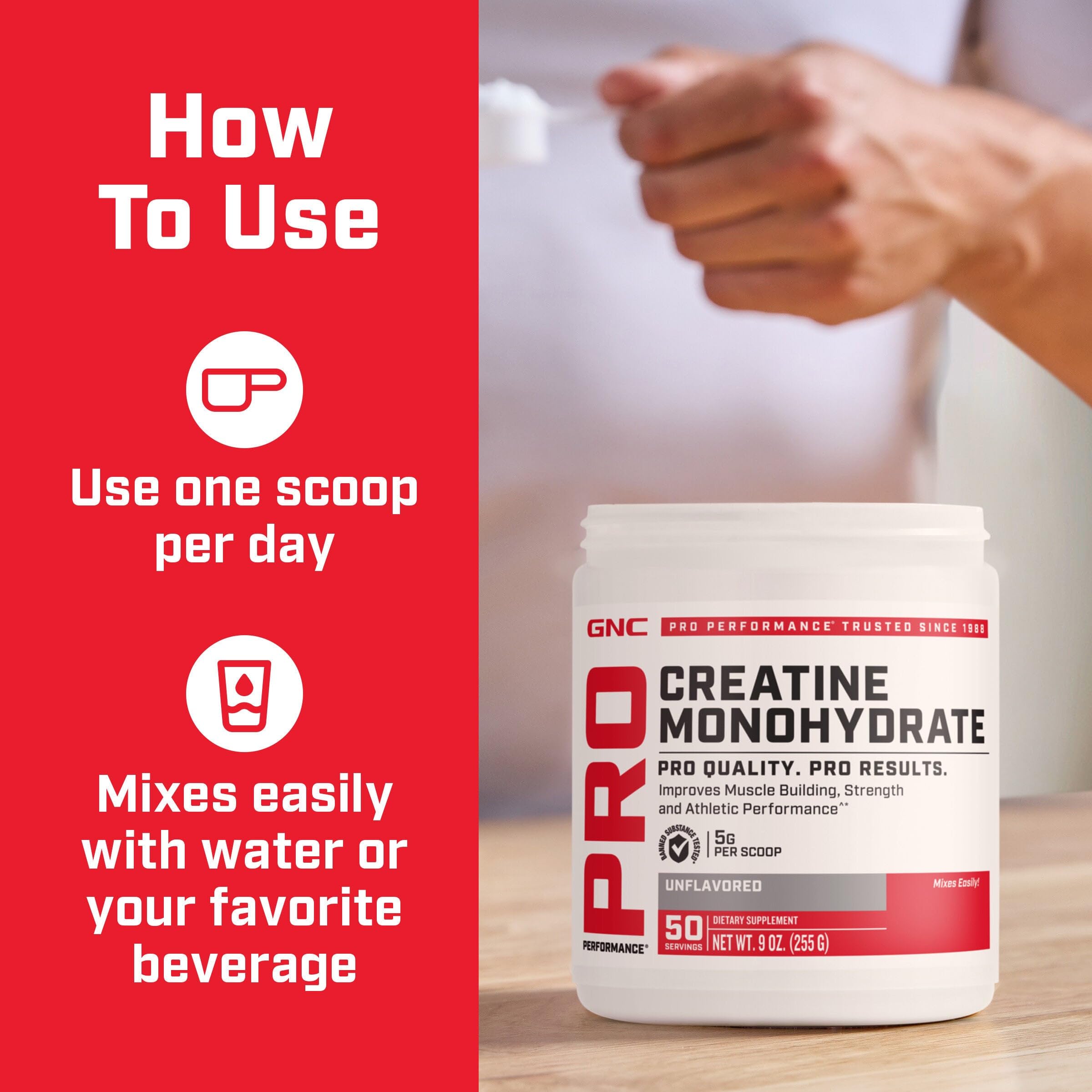GNC Pro Performance Creatine Monohydrate Powder with workout gear