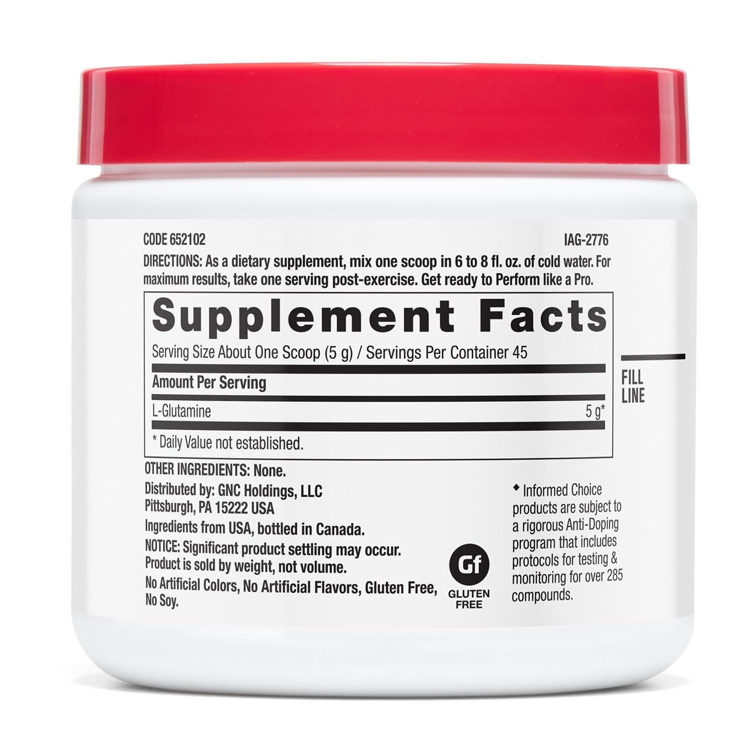GNC Pro Performance L-Glutamine 5000mg powder back view with nutritional information