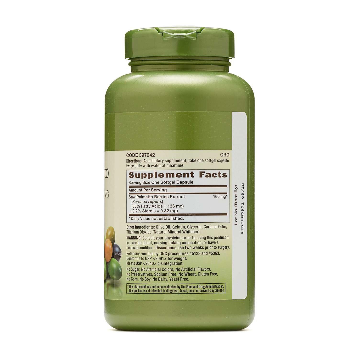 GNC Saw Palmetto Herbal Supplement 160mg back view with ingredient list