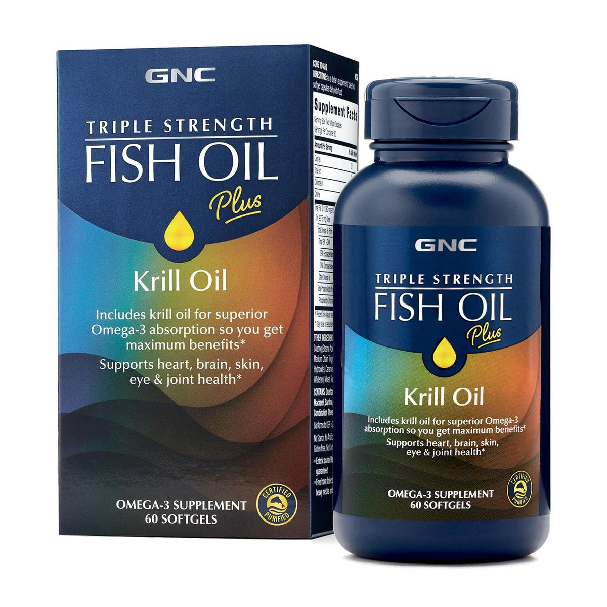 GNC Triple Strength Fish Oil Plus Krill Oil softgels front view